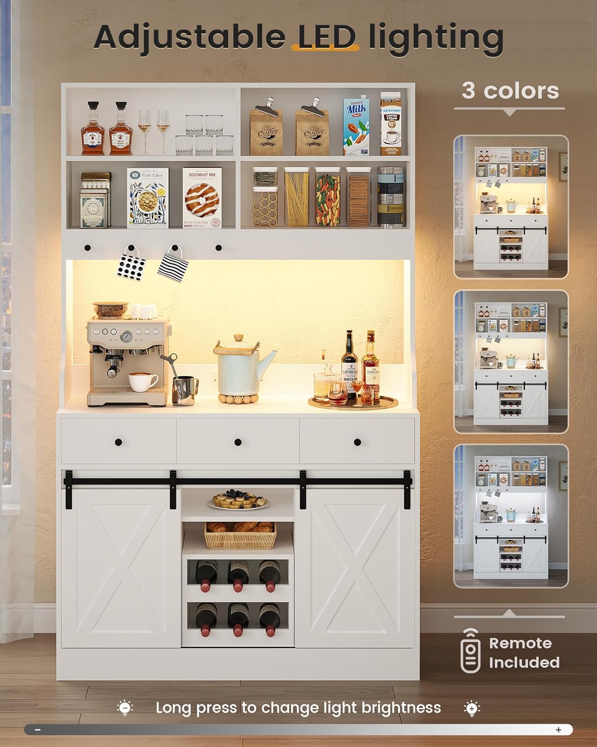 Credenza, Credenza Cucina con Illuminazione a LED, Presa Elettrica, Mobile Buffet, Scaffale Rimovibile, 3 Cassetti, Ripiani Regolabili, Grande Spazio, Cucina, Sala da Pranzo, 103.5*40*180 cm, Bianca