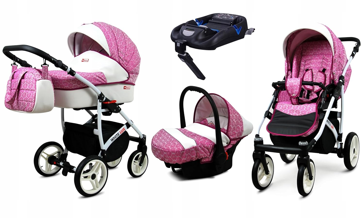 BabyLux® Bambimo Kinderwagen Set 3 in 1 - White Lux - incl. Babywanne, Buggy Sportsitz, Auto-Babyschale - Autositz - Kinderwagenset - Kombikinderwagen mit Wickeltasche, Regenschutz usw.