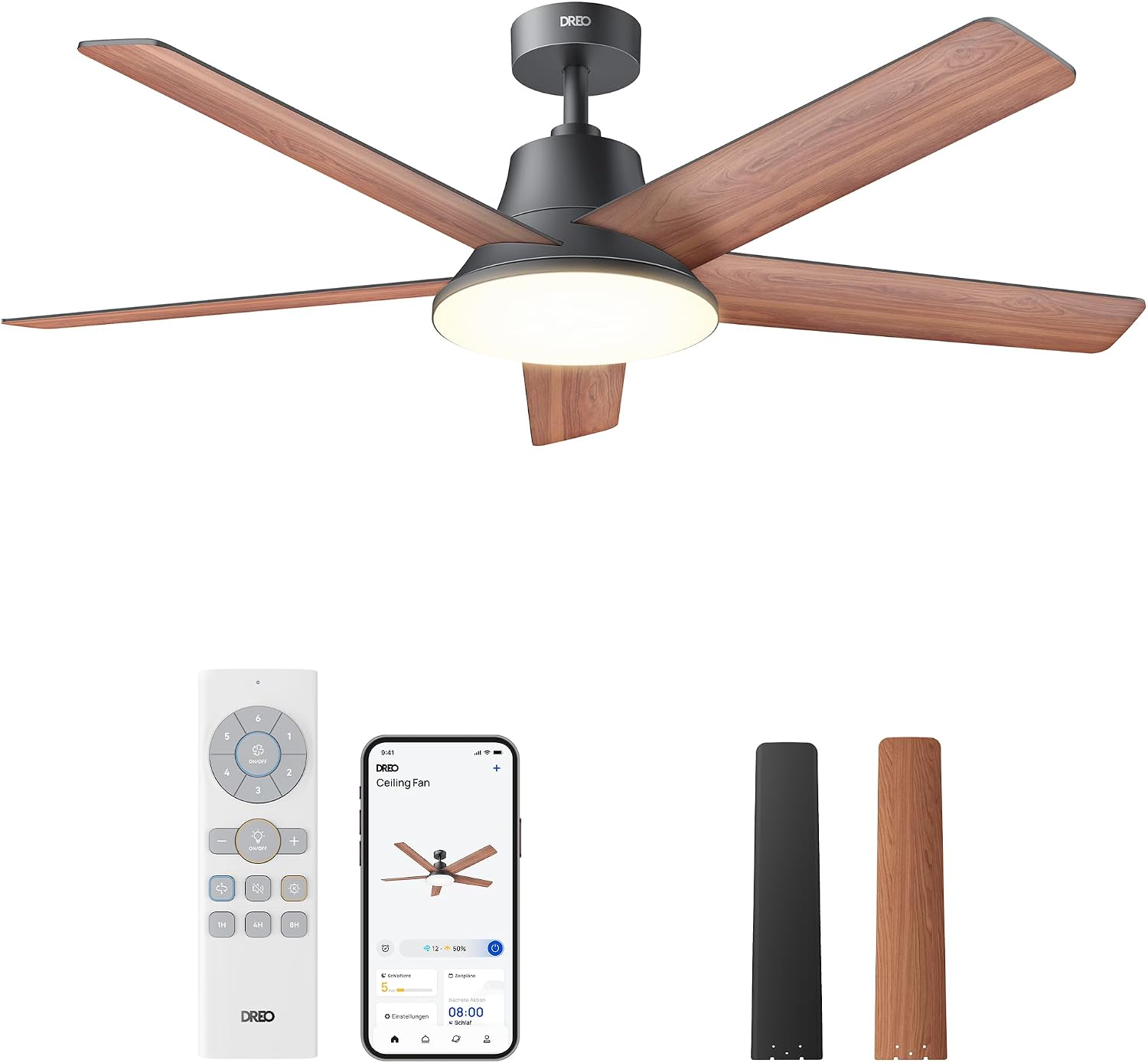 DREO Smart Deckenventilator mit Licht, 132 cm, 12 Geschwindigkeiten, 3 Modi, stufenlos dimmbares LED-Beleuchtung, leiser DC-Motor, 12H-Timer, Fernbedienung/APP/Alexa, für Innenräume, Weiß