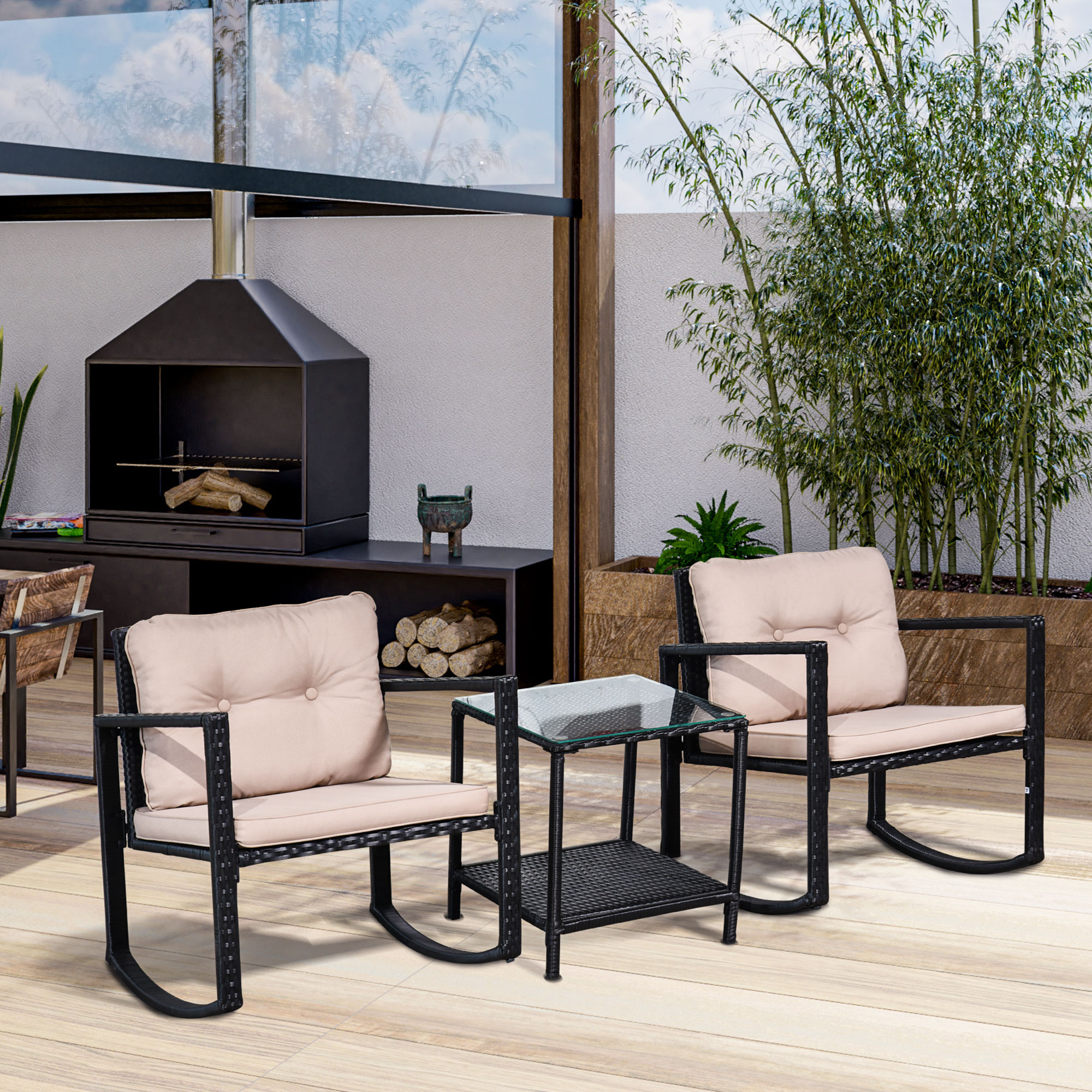 Outsunny 3-teiliges gemütliches Gartenmöbelset 2 Schaukelstühle mit Sitz- und Rückenkissen + Beistelltisch aus gehärtetem Glas Stahlrahmen Kunstharzgeflecht im Rattandesign Schwarz und Braun