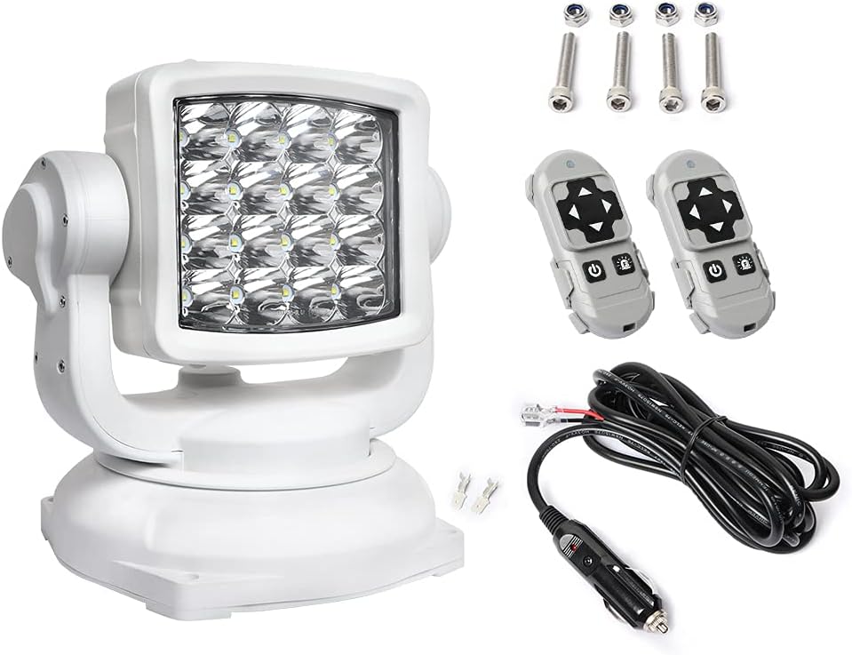Searchlight Marine Boat Spotlight &ndash; 8000 Lumens, Wireless Remote, Magnetic Base, Cigarette Lighter Cable, White