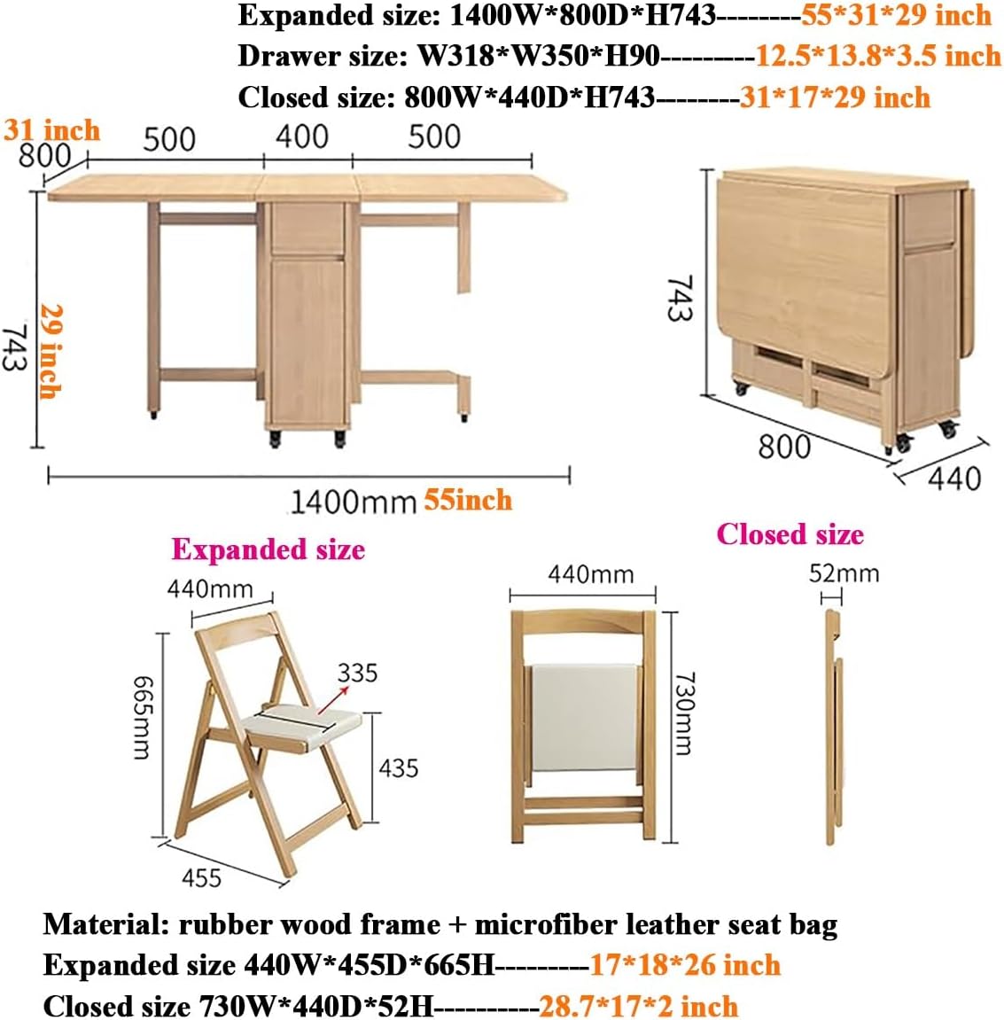 Tavolo Da Pranzo Pieghevole E Sedie, Tavolo Da Cucina In Legno Massello Retrattile For La Casa, Ristorante, Tavolo A Ribalta Con Cassetto Portaoggetti For Soggiorno, Ospitalità, Scrivania Portatile Es