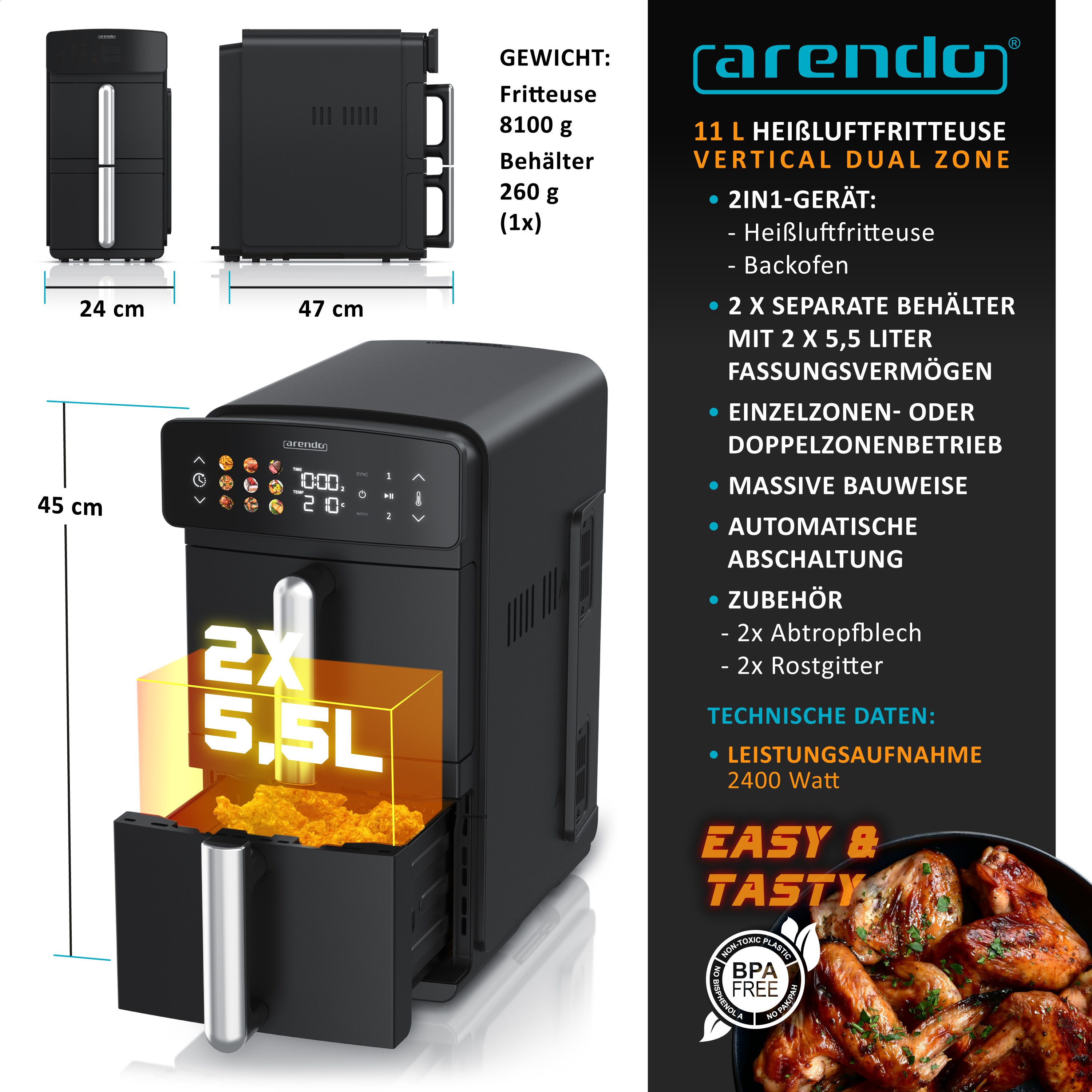 Heißluftfritteuse mit 2 Kammern Übereinander, XXL Doppelkammer Airfryer 11L, Dual Zone