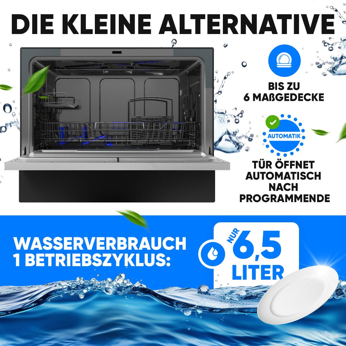 Mini Geschirrspüler mit Wasseranschluss und 5 Programmen, 6 Maßgedecke, 47 dB, inkl. Schlauch und Besteckkorb, TSG 7405 schwarz