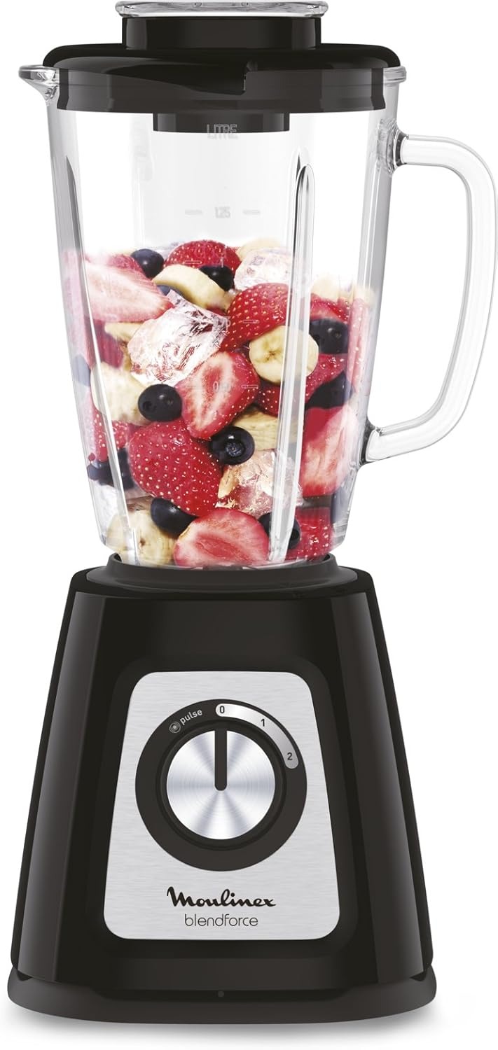 Moulinex Blendforce Frullatore, Sistema di Raffreddamento ad Aria, Potenza 800W, Tecnologia Smart Lock, Capacità 1.75Litri, Frullatore con Vaso in Vetro, 2 Velocità e Funzione a Impulsi, LM4308