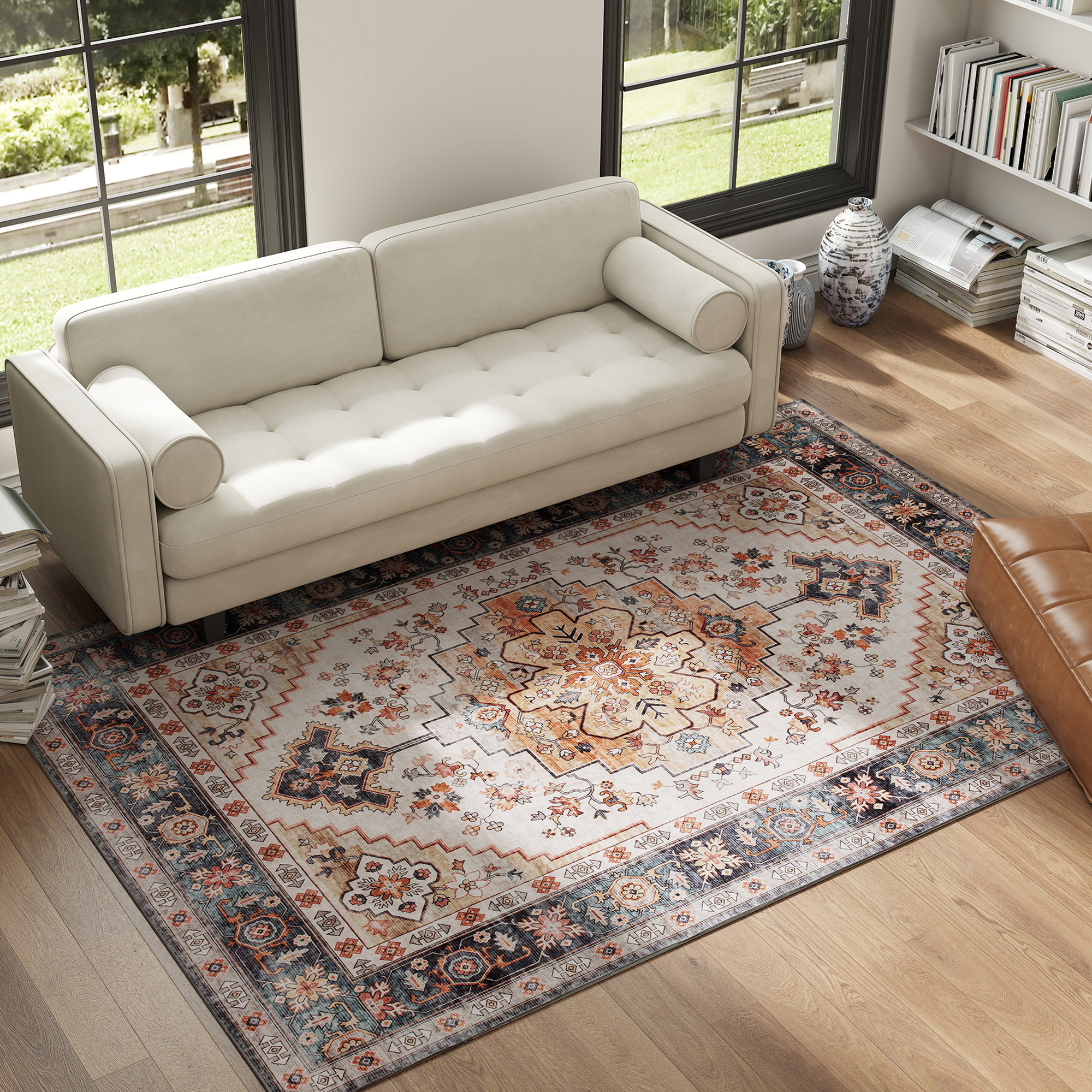 HOMCOM Rutschfester und Waschbarer Bohemianischer Kurzflorteppich für Wohnzimmer und Schlafzimmer, 230x160 cm, Braun