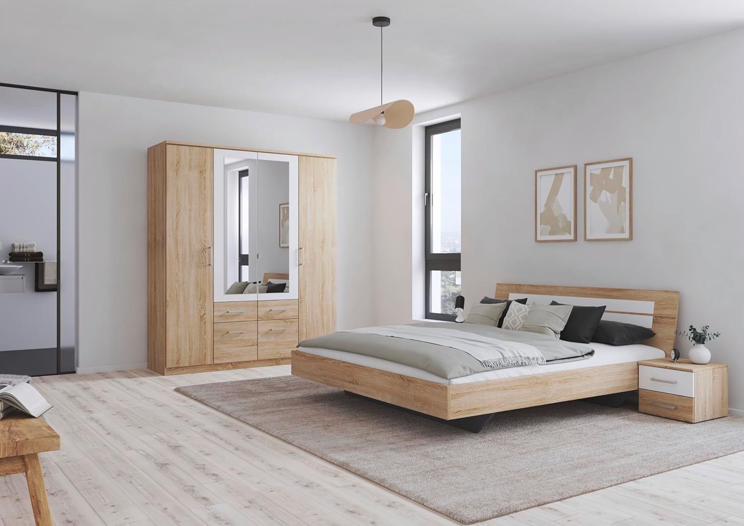 Rauch Möbel Burano Bedroom Sonoma Oak / White 181 x 212 x 58 cm with 2 Bedside Tables and Wardrobe with Swivel Doors