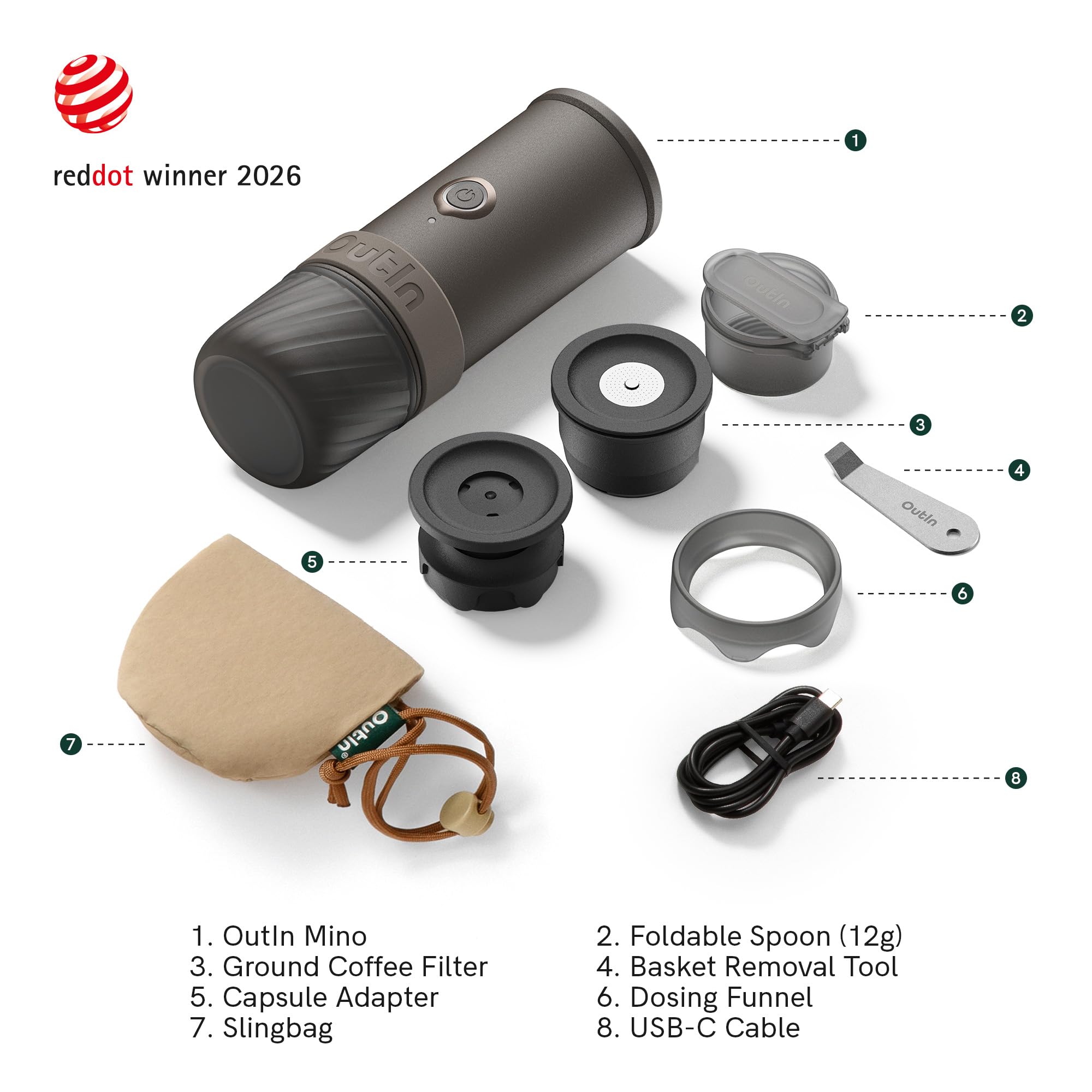 Tragbare elektrische Espressomaschine Mino mit 70 ml, USB-C Schnellladung und IP67, Tundra Brown