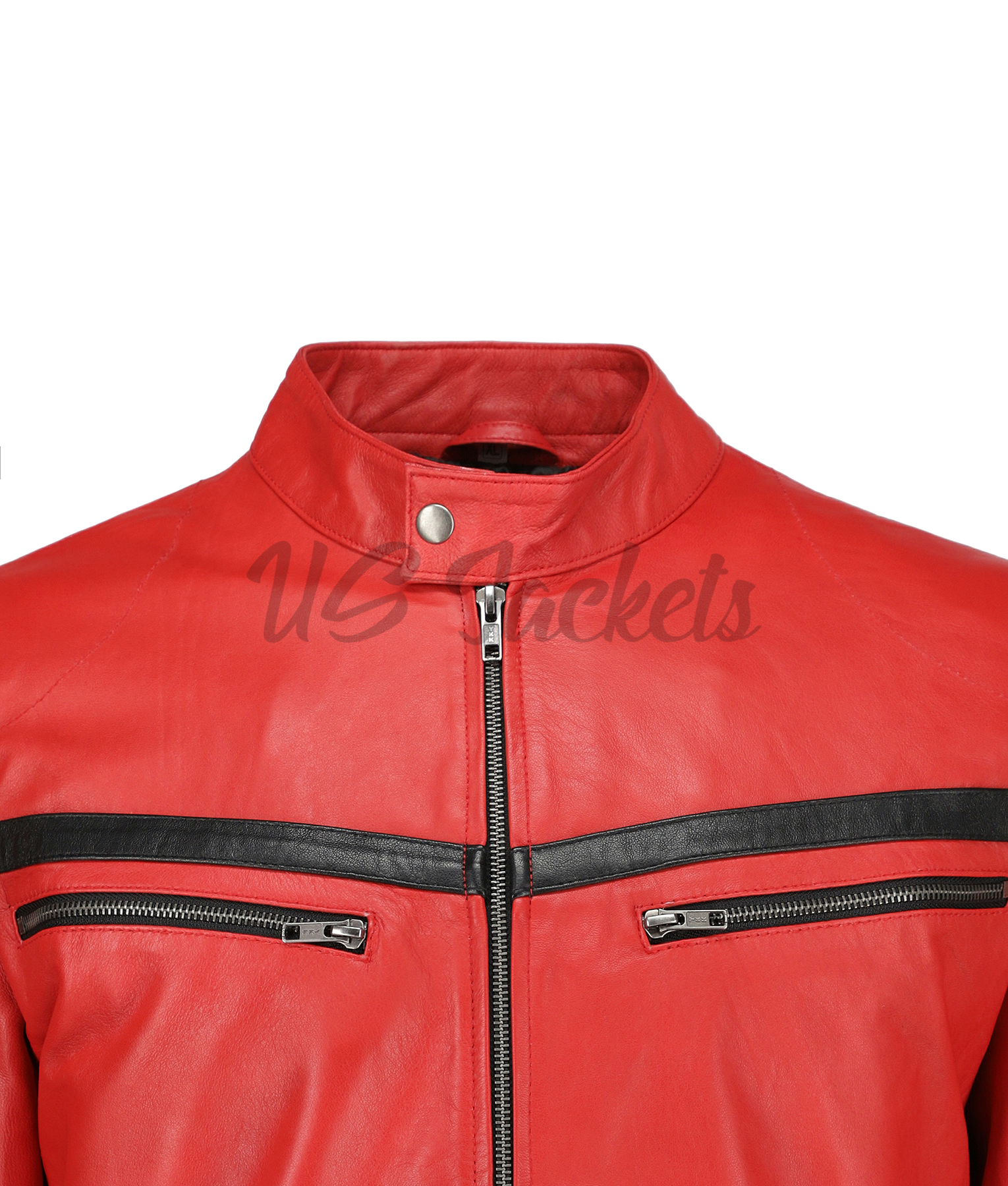 Mens Stripped Red Cafe Racer Jacket