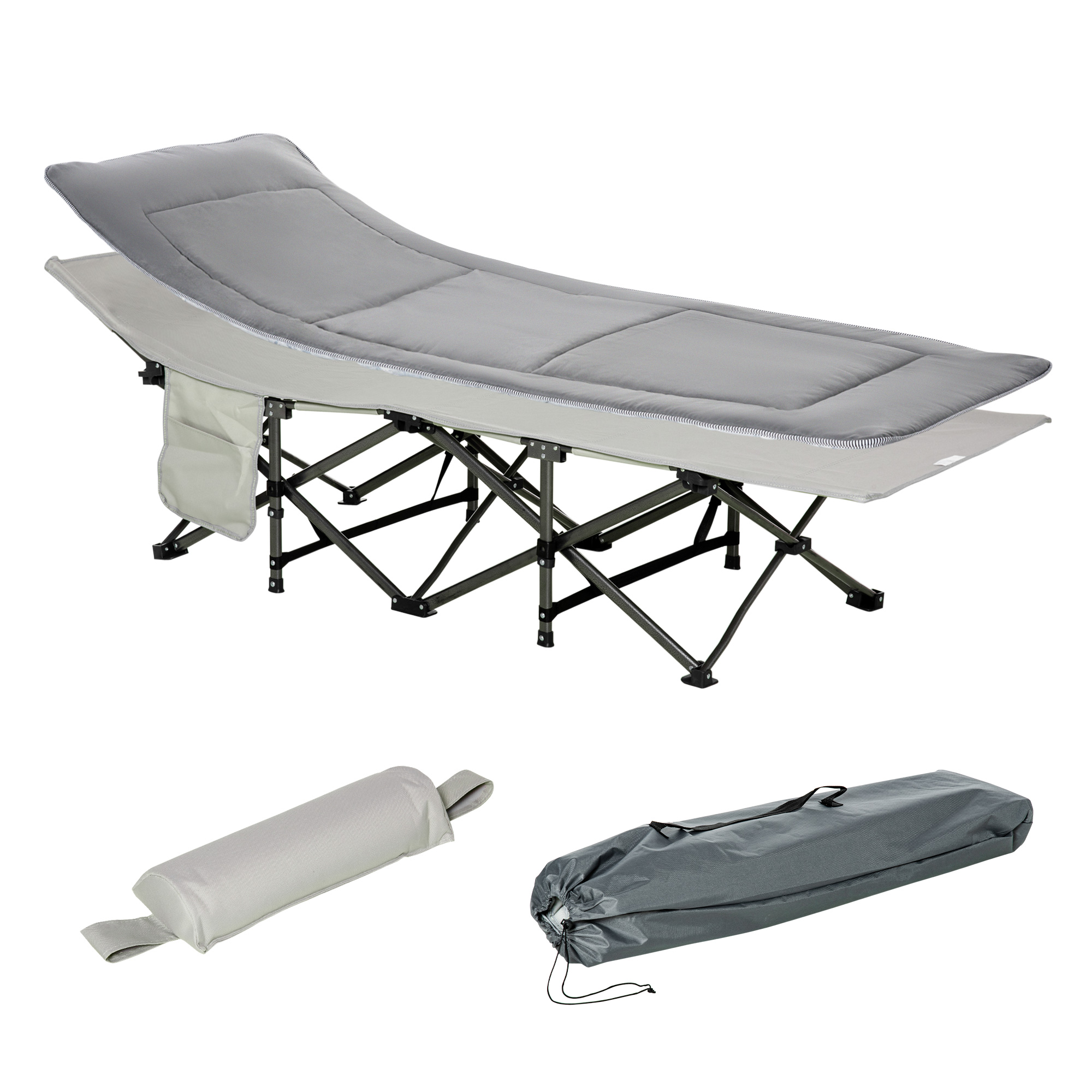 Outsunny Feldbett faltbar Campingbett mit Matratze Tragetasche 188 x 64,5 x 53 cm Gästebett bis 150 kg belastbar Campingliege für Erwachsene Klappbett für Outdoor, Garten Camping Reisen Hellgrau