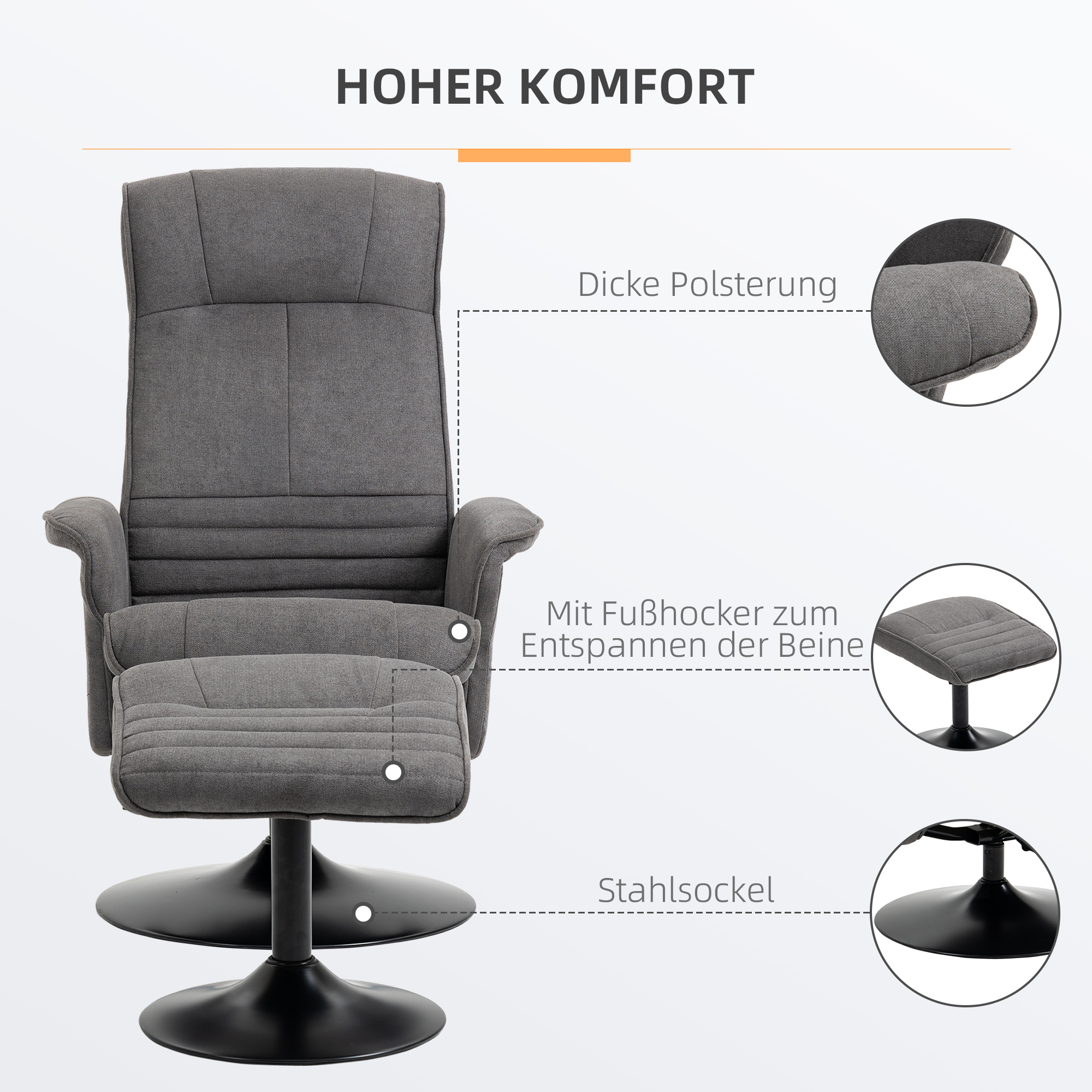 Relaxfauteuil met Voetenbankje, Verstelbare Rugleuning, 69 cm x 71 cm x 104 cm, Donkergrijs + Zwart