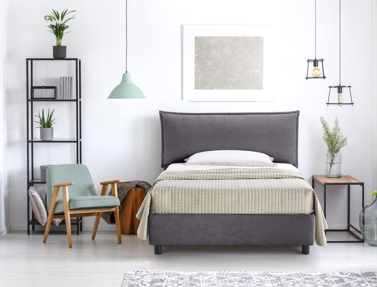 EVERGREENWEB Letto una Piazza e Mezza con Contenitore 120x195cm Elegante Struttura Imbottita per Adulti e Ragazzi, Rete a doghe in Legno Inclusa, Moderna Testiera Rivestimento SFODERABILE Grigio Scuro