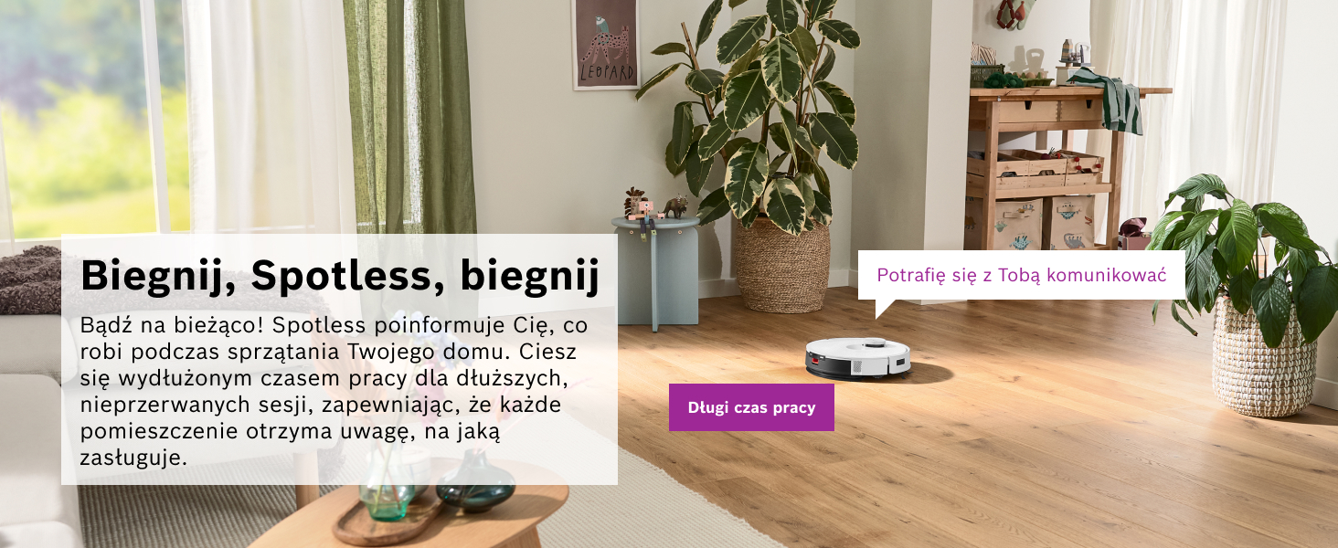Tekst brzmi: „Elegancki, nieskazitelny, cyfrowy!” Wnętrze pokoju pokazujące czystą minimalistyczną przestrzeń z roślinami.