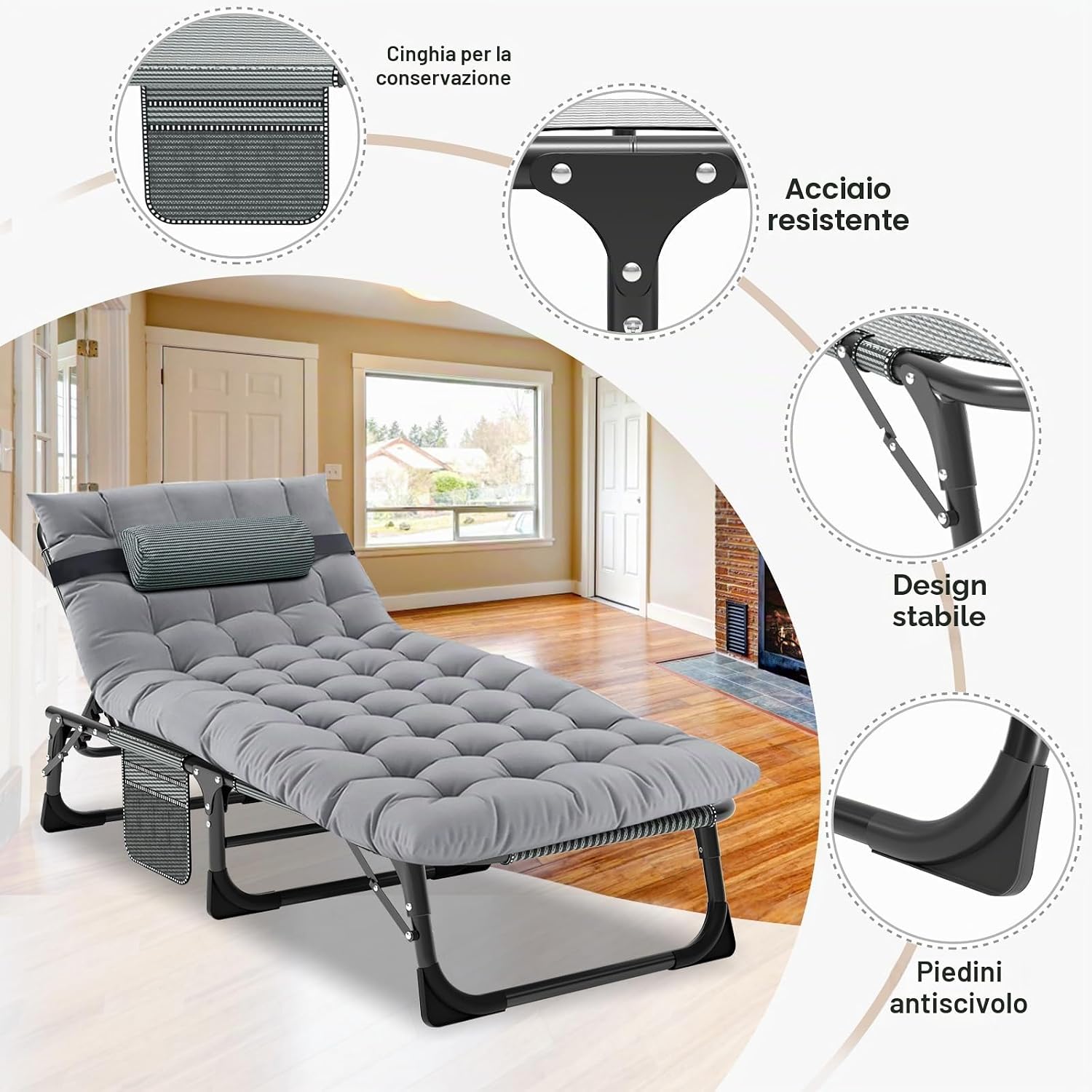 MOPHOTO Lettino prendisole pieghevole per giardino con materasso, schienale e gambe regolabili, portatile, per interni ed esterni, sedia a sdraio pieghevole per abbronzatura al sole, perfetta per