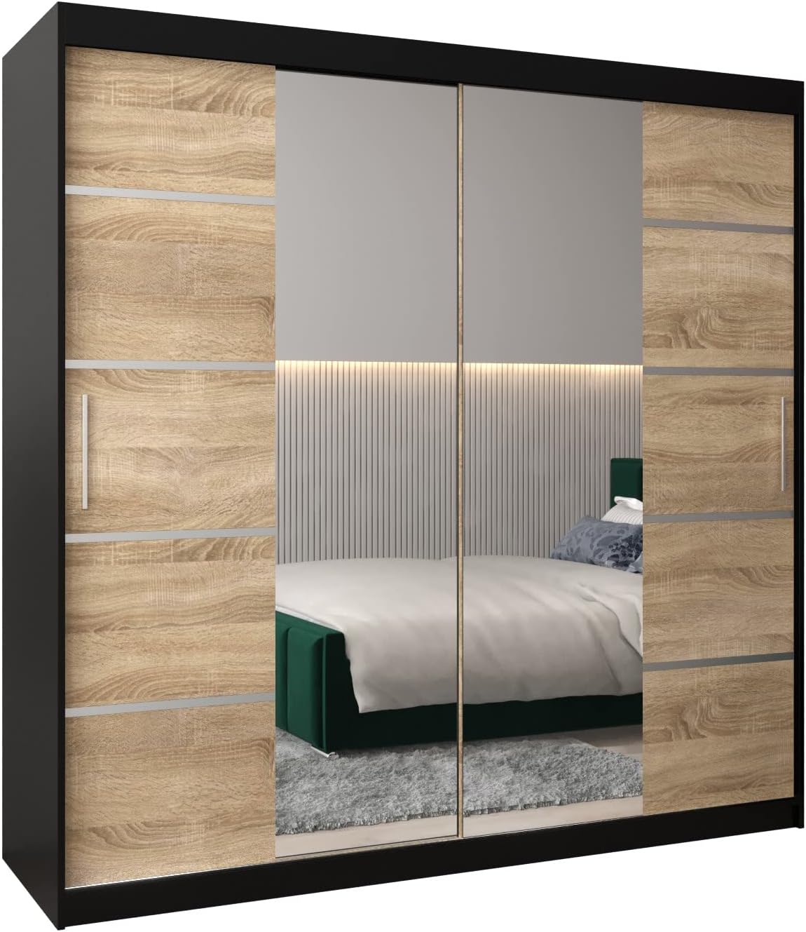 ABIKSMEBLE Verona 4 200 Bedroom Wardrobe with Three Sliding Doors – Modern Storage Cabinet with Mirror, Coat Rack and Shelves – 200 x 200 x 62 cm – Matte Black Sonoma