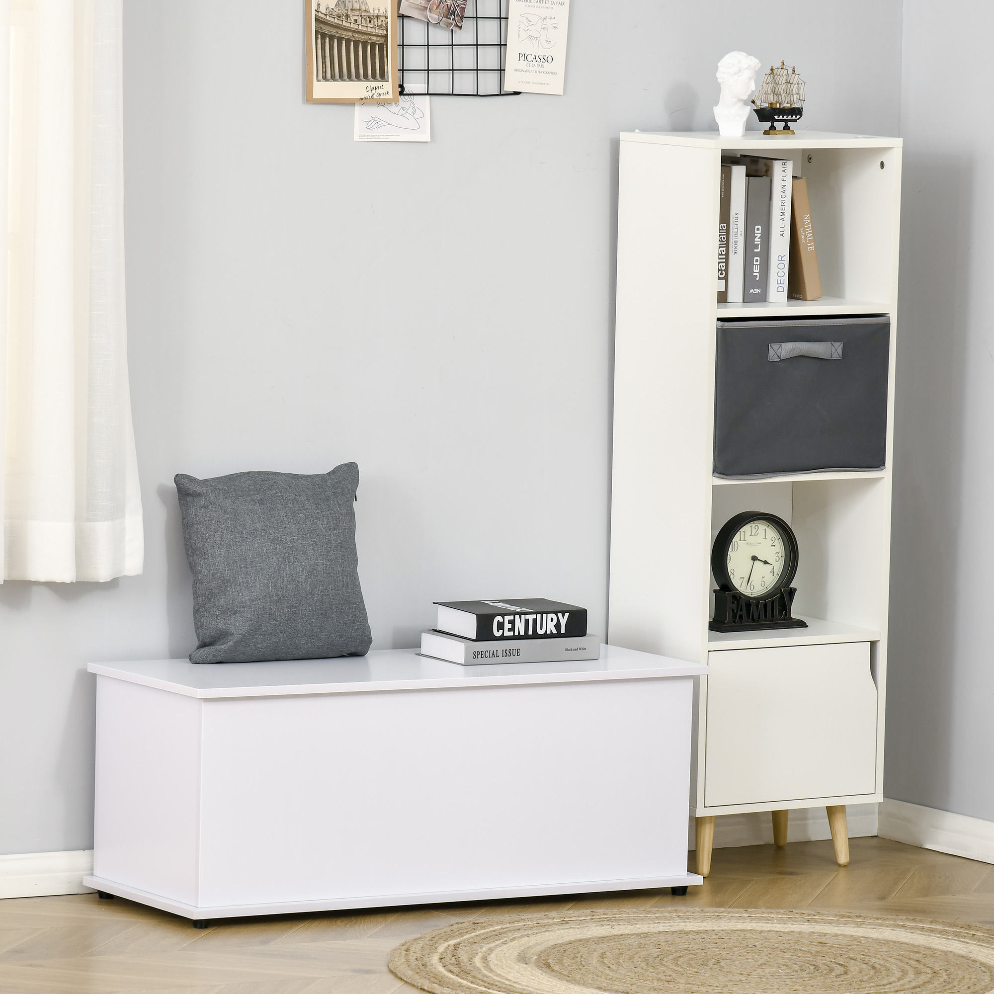 HOMCOM Truhe Aufbewahrungsbox Sitztruhe mit Stauraum Sicherheitsscharniere Holzkiste mit klappbarem Deckel für Wohnzimmer, Schlafzimmer, Spanplatte Weiß 100 x 40 x 40cm