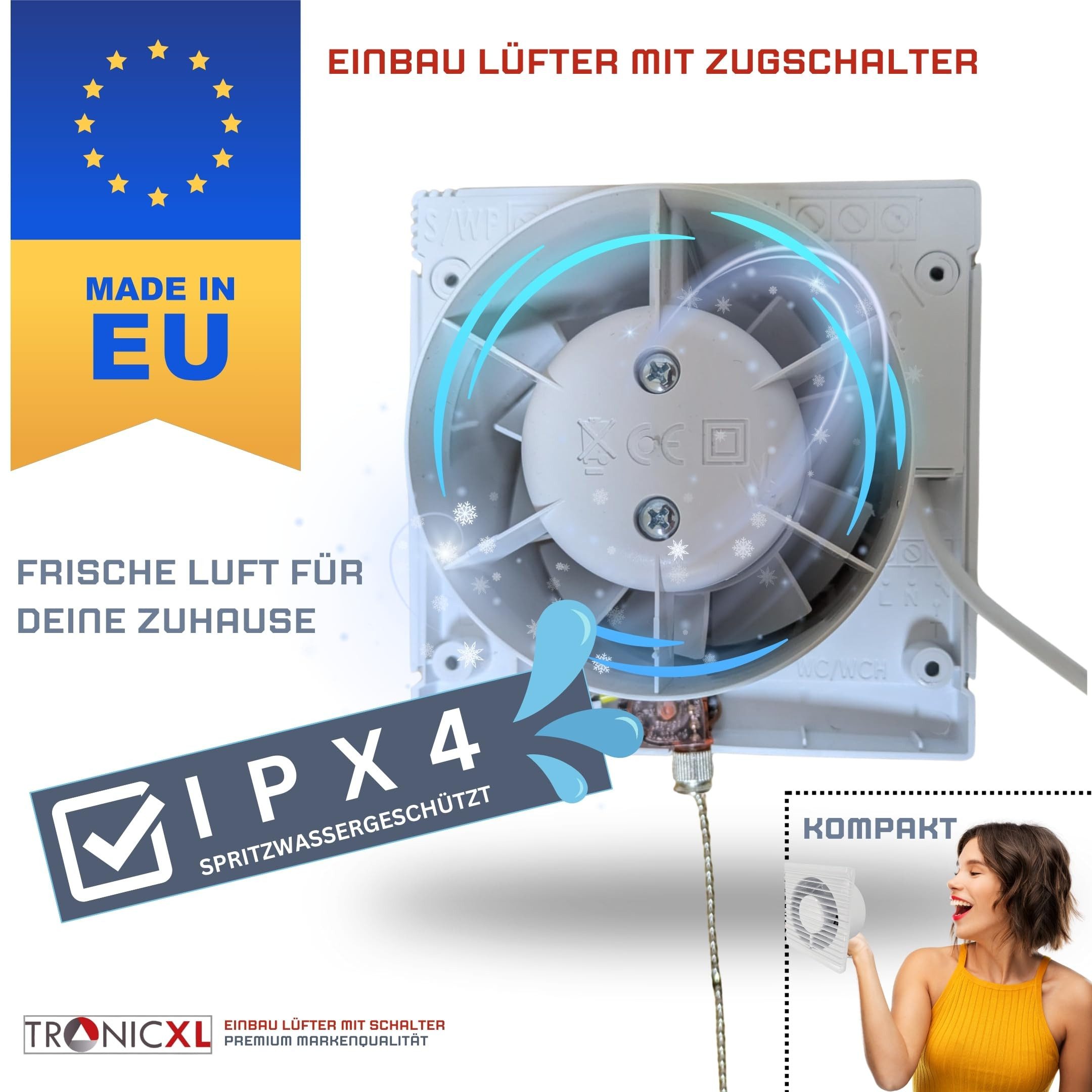Wandventilator 230V Badlüfter Schalter IPX4 125mm Lüfter Ventilator Einbau Bad WC