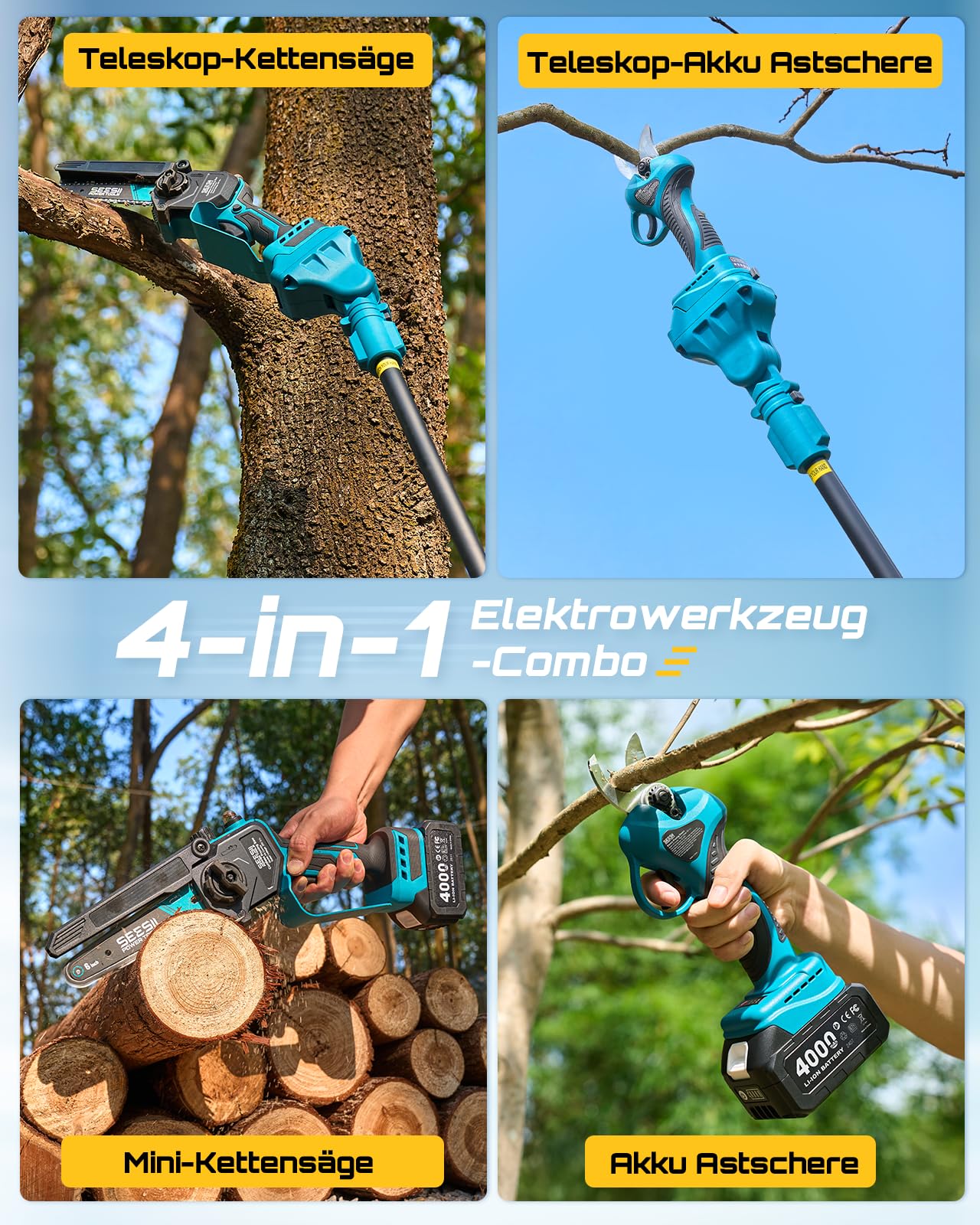 SEESII 4 in 1 Hochentaster Akku Kettensäge elektrisch für Garten kabellos wiederaufladbar für Baumpflege