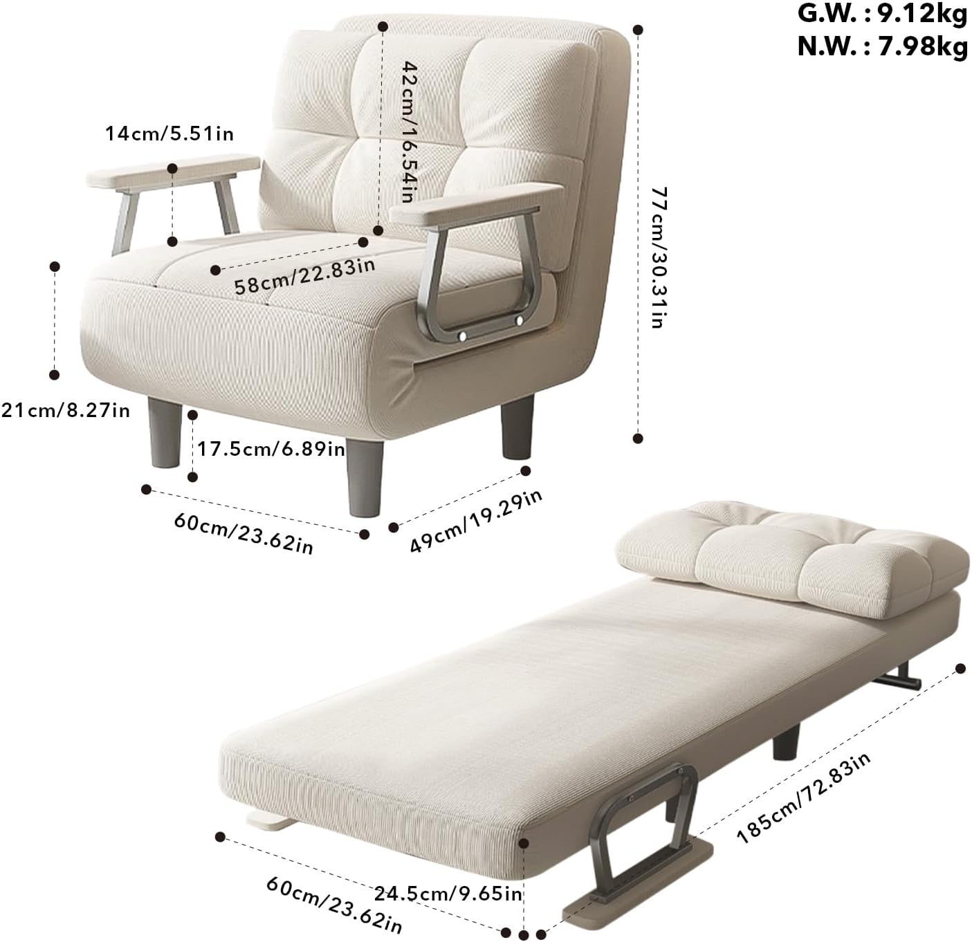 Fabulcozy Divano Letto Poltrona Convertibile 1 Posto, Grande Comfort Smontabile Con Cuscino, Braccioli in Metallo(Bianco)