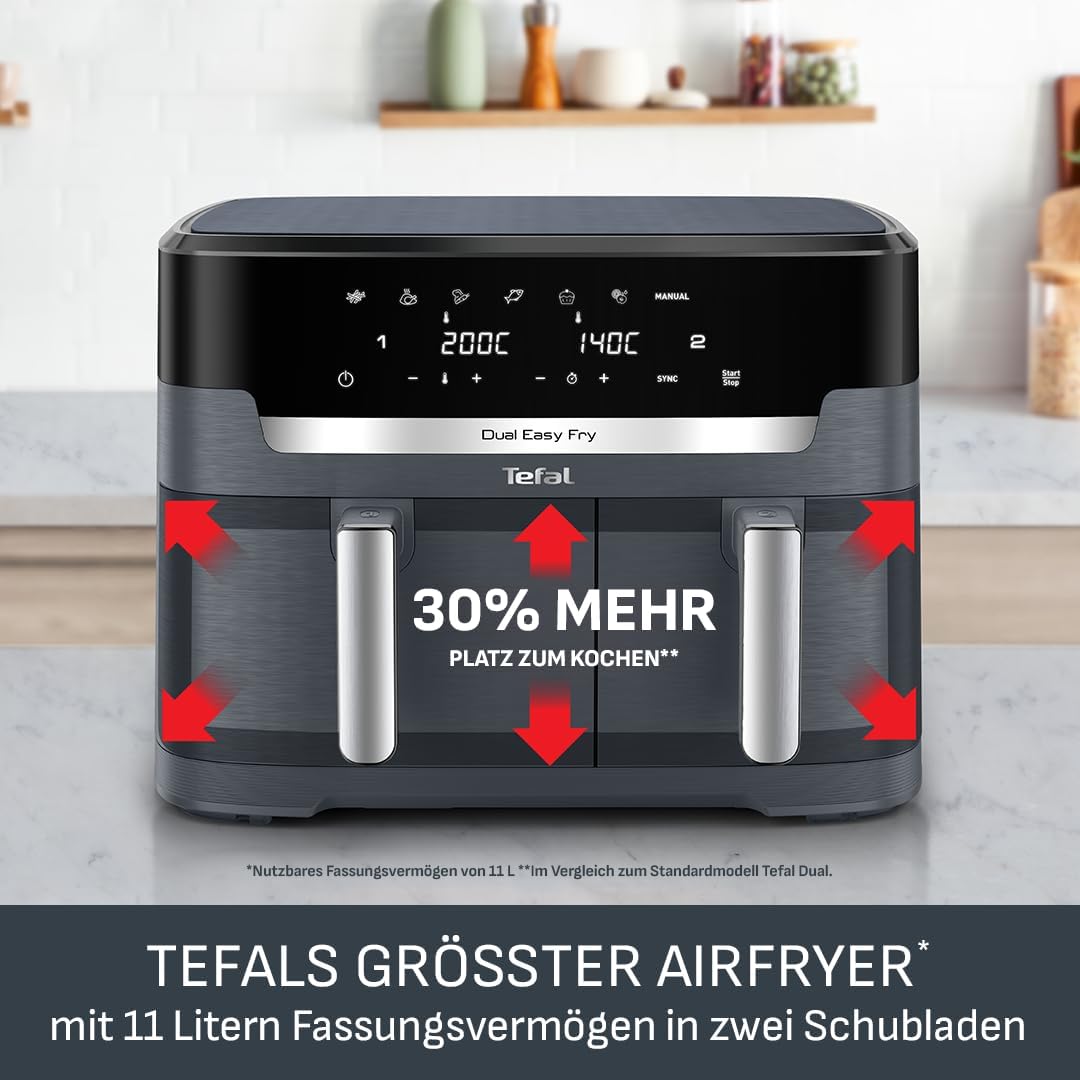 Tefal Dual Easy Fry XXL Heißluftfritteuse 11 L – Airfryer mit 2 Kammern (Doppelkammer), 7 Programme, 2700 W, digitales Display, Extra-Crisp Technologie, fettarm frittieren, energiesparend EY942B