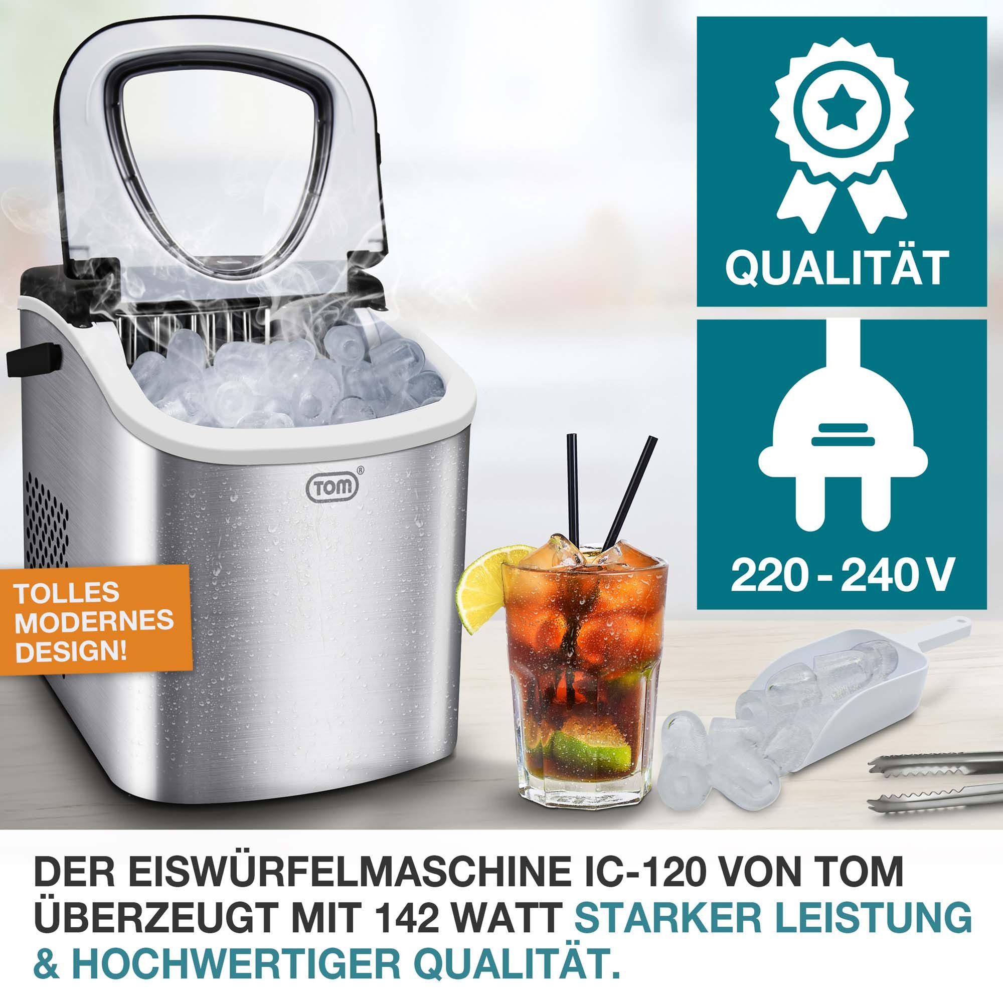 Eiswürfelmaschine 1,3L inklusive Eiszange, 12kg in 24h