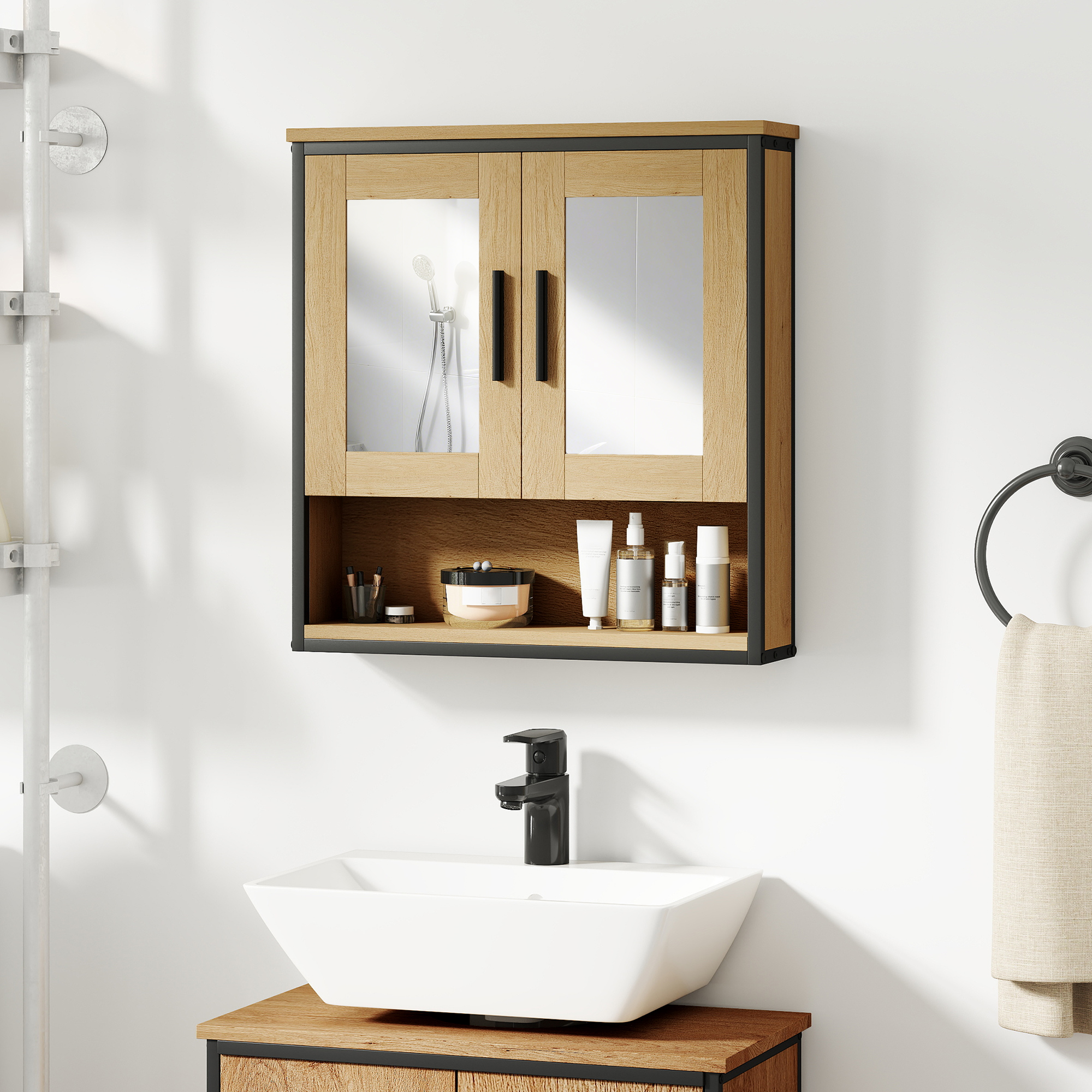 HOMCOM Wandspiegelschrank Badezimmer mit Miroir, Badezimmerschrank mit offenem Fach und verstellbarem Regal, Eiche