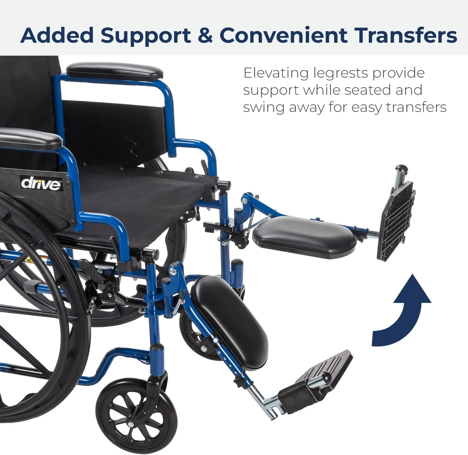 Single-wheel blue racing-style wheelchair, reversible armrests on the table edge, rotatable footrests, size 18 inches, quantity 1 unit.