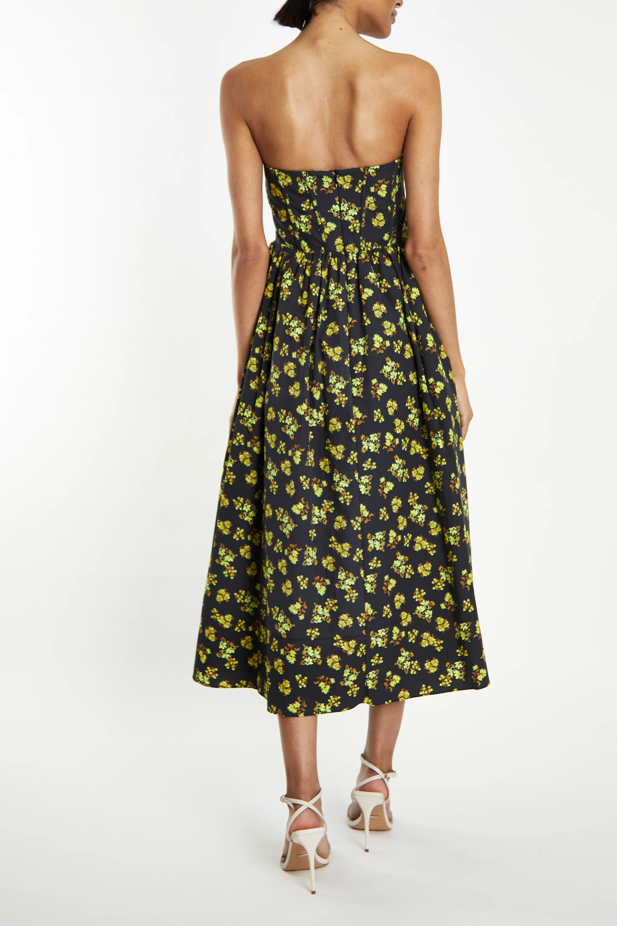 Henrietta Navy-Yellow-Ditsy-Floral Strapless Corset Midi-Dress