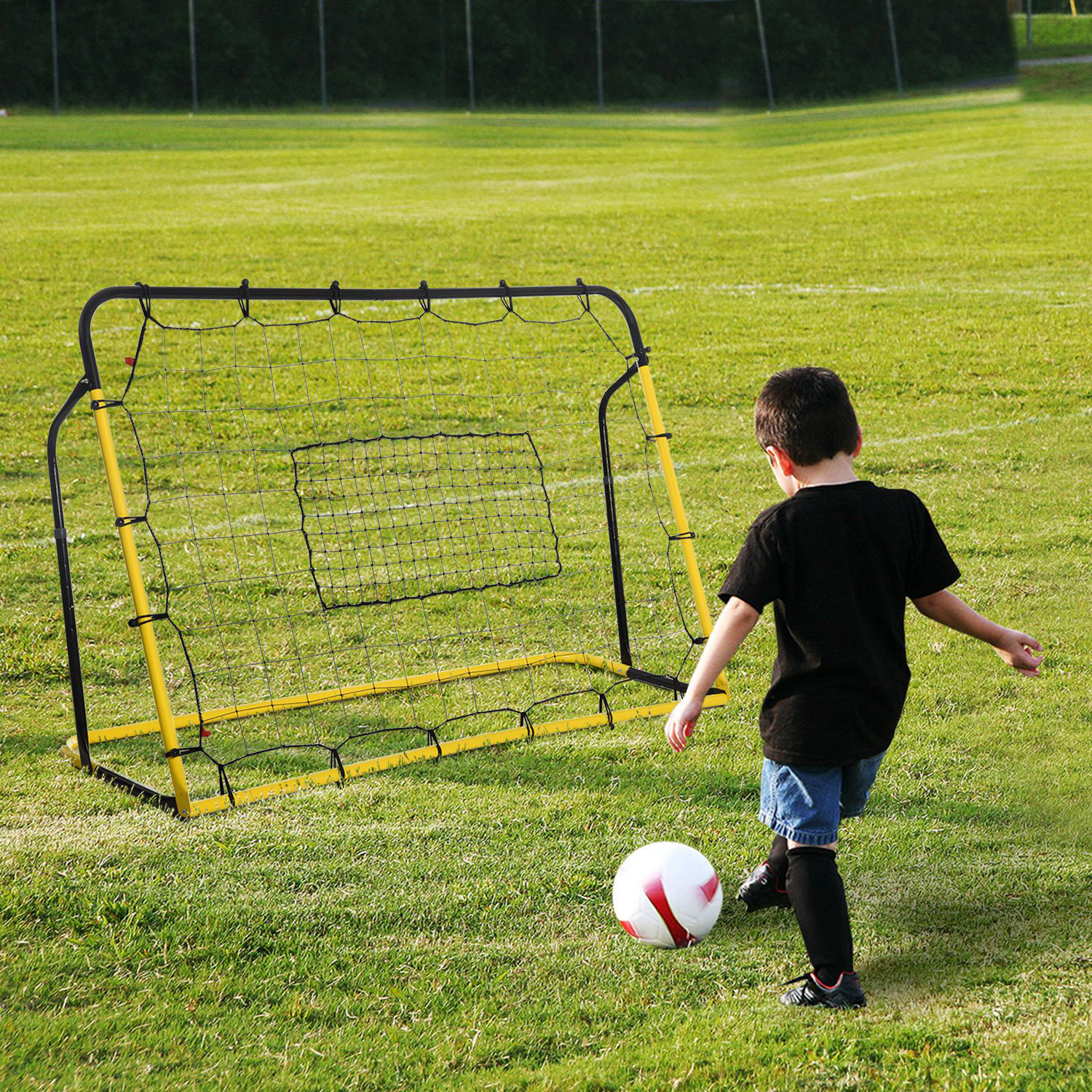HOMCOM Kickback Fußball Rebounder Tor Rückprallwand Netz für Fußball, Basketball und Baseball, Stahl+PE, Gelb+Schwarz, 184 x 63 x 123 cm