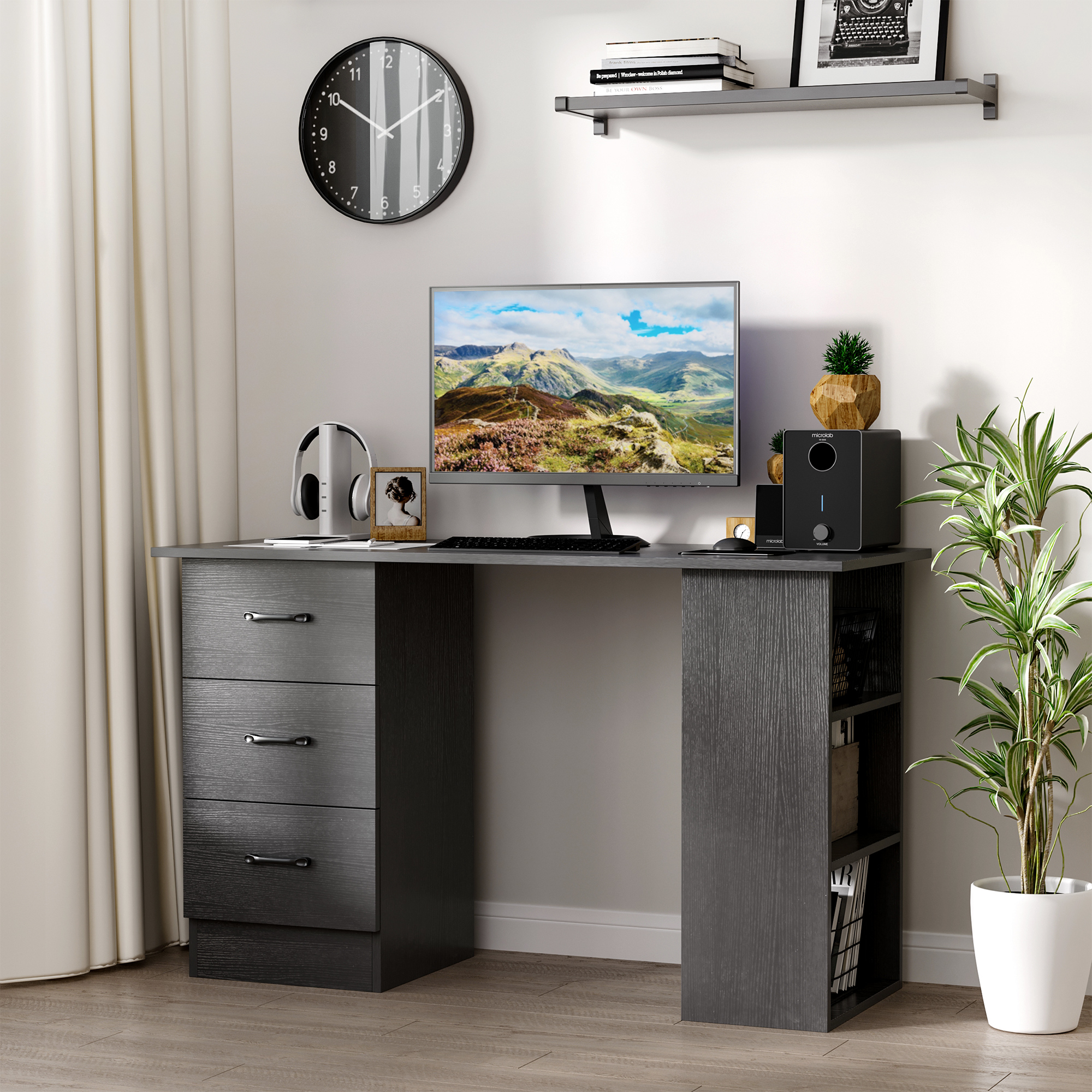 HOMCOM Moderner Schreibtisch aus Holz mit 3 Schubladen und 3 Regalen, für Schlafzimmer und Büro, 120x49x72cm, Schwarz