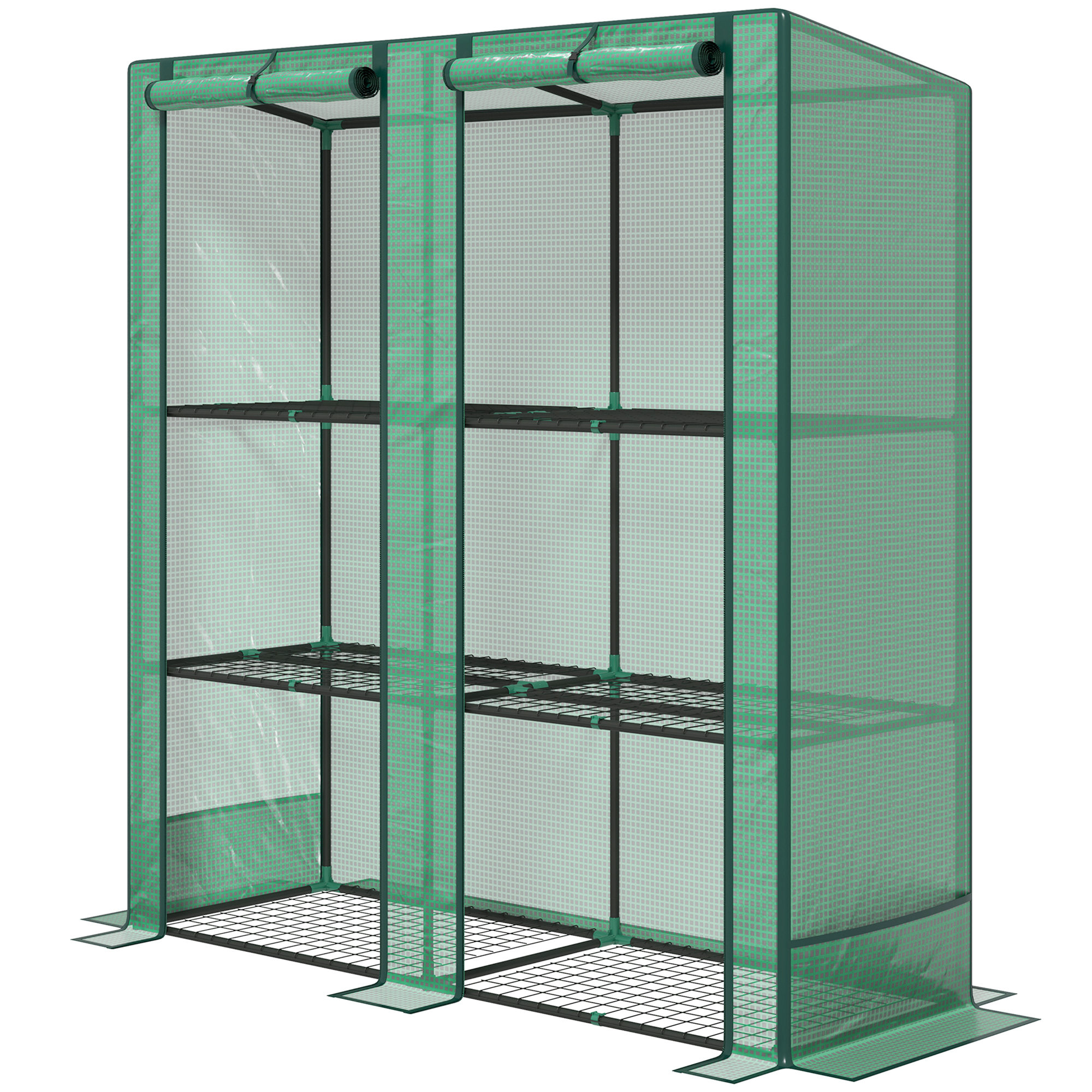 Outsunny Mini-Gewächshaus mit 3-Ebenen-Regal, Kunststoff-Abdeckung, UV-beständig, tragbar, Rolltür, 144 x 48 x 152 cm, Grün