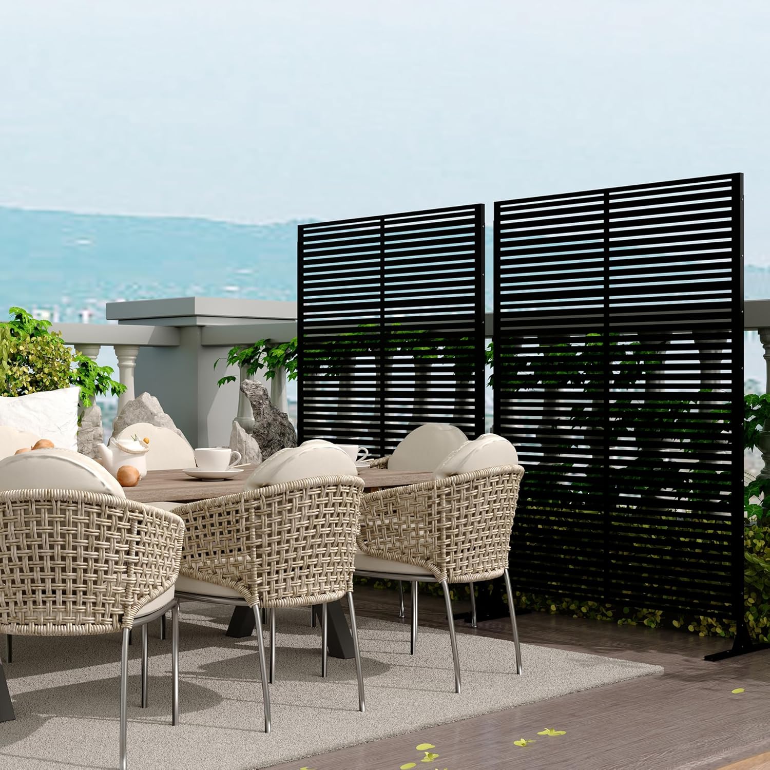 Sichtschutz Metall, Freistehender Paravent 180x120 cm, Wetterfester Sichtschutz Für Garten Terrasse Balkon Outdoor Deko, Raumteiler Mit Ständer, Verzinkter Stahl, Horizontalstreifen Schwarz