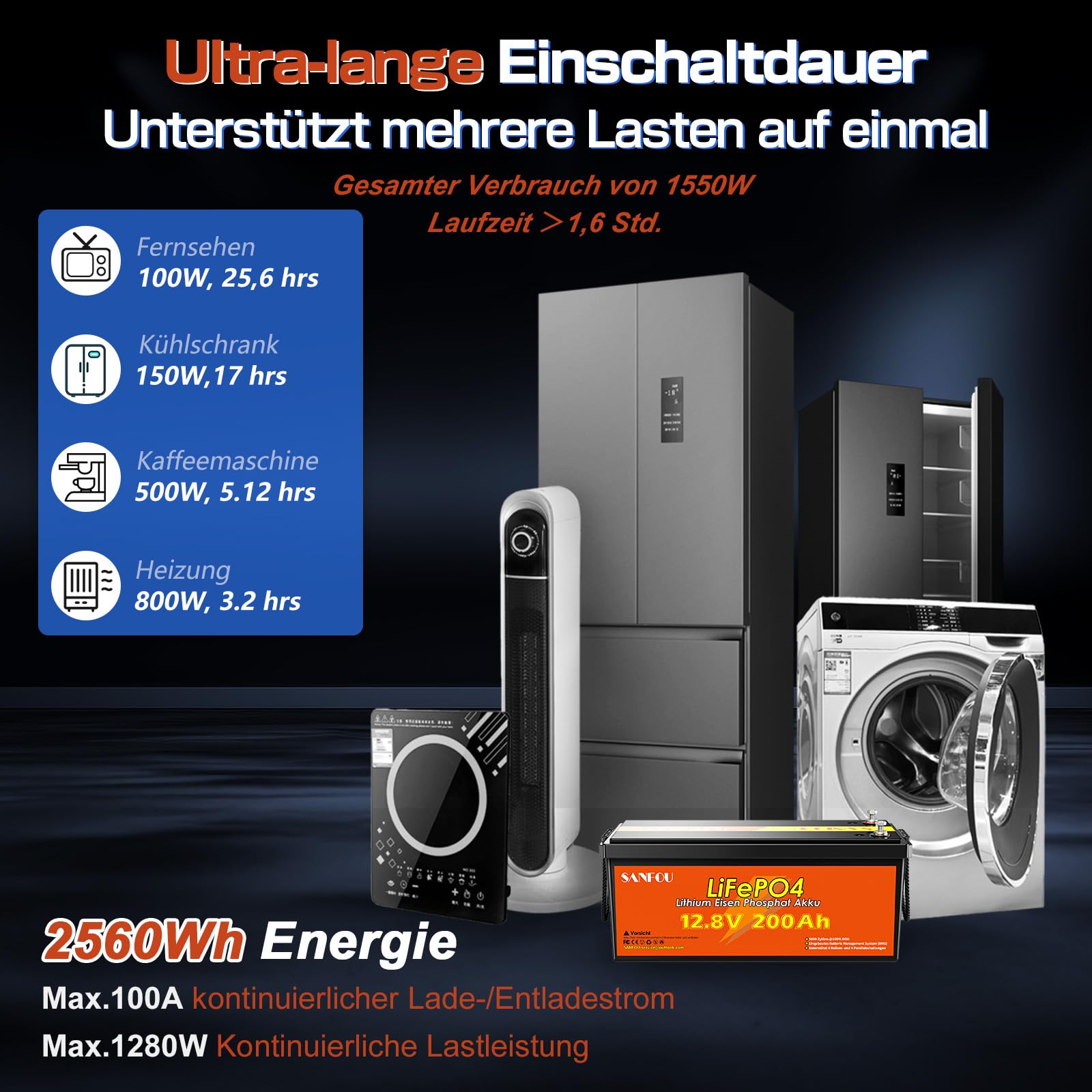 LiFePO4 Batterie 12V 200Ah mit 100A BMS, 2560Wh Lithium Akku für Wohnmobil und Camping