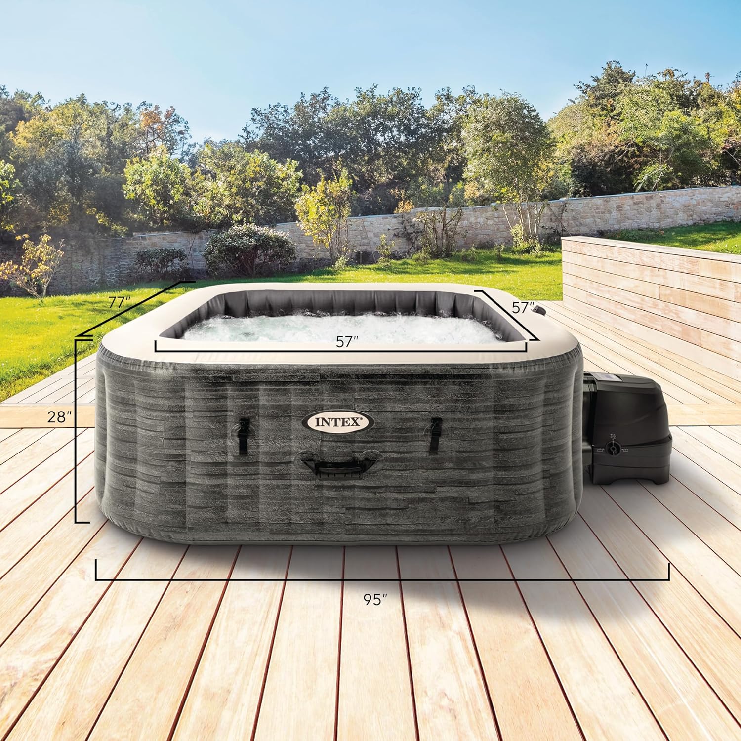 INTEX 28451EP PureSpa Greystone Deluxe Spa Set: Includes Energy Efficient Spa Cover and Wireless Control Panel – Spa Control App – Built-In FastFill Inflation System – 6 Person Capacity – 77