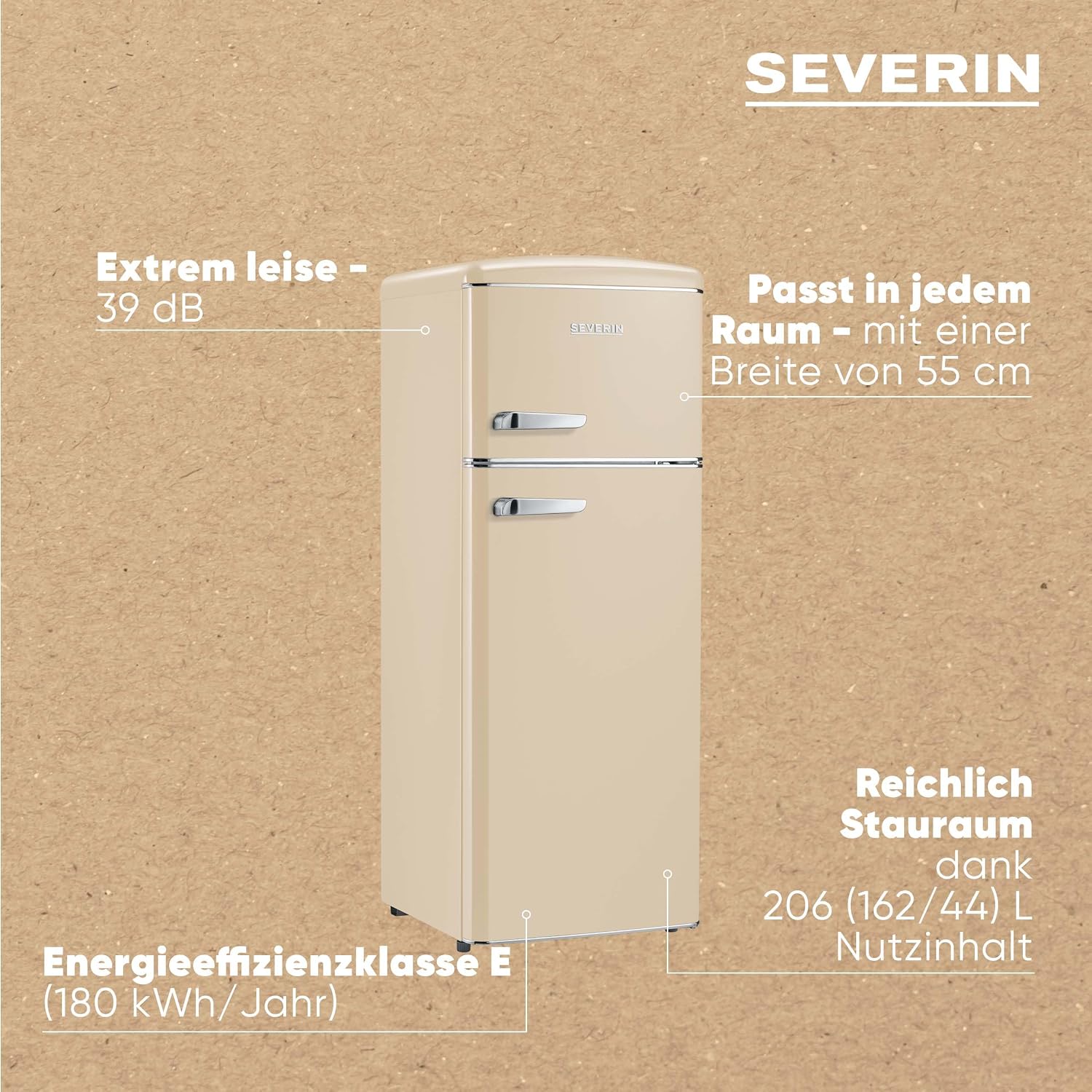 SEVERIN Retro - Kühl-/ Gefrierkombination, platzsparendes Raumwunder, 4 x höhenverstellbare Abstellflächen und eine große Veggiebox, 206 L Nutzinhalt, creme, RKG 8933