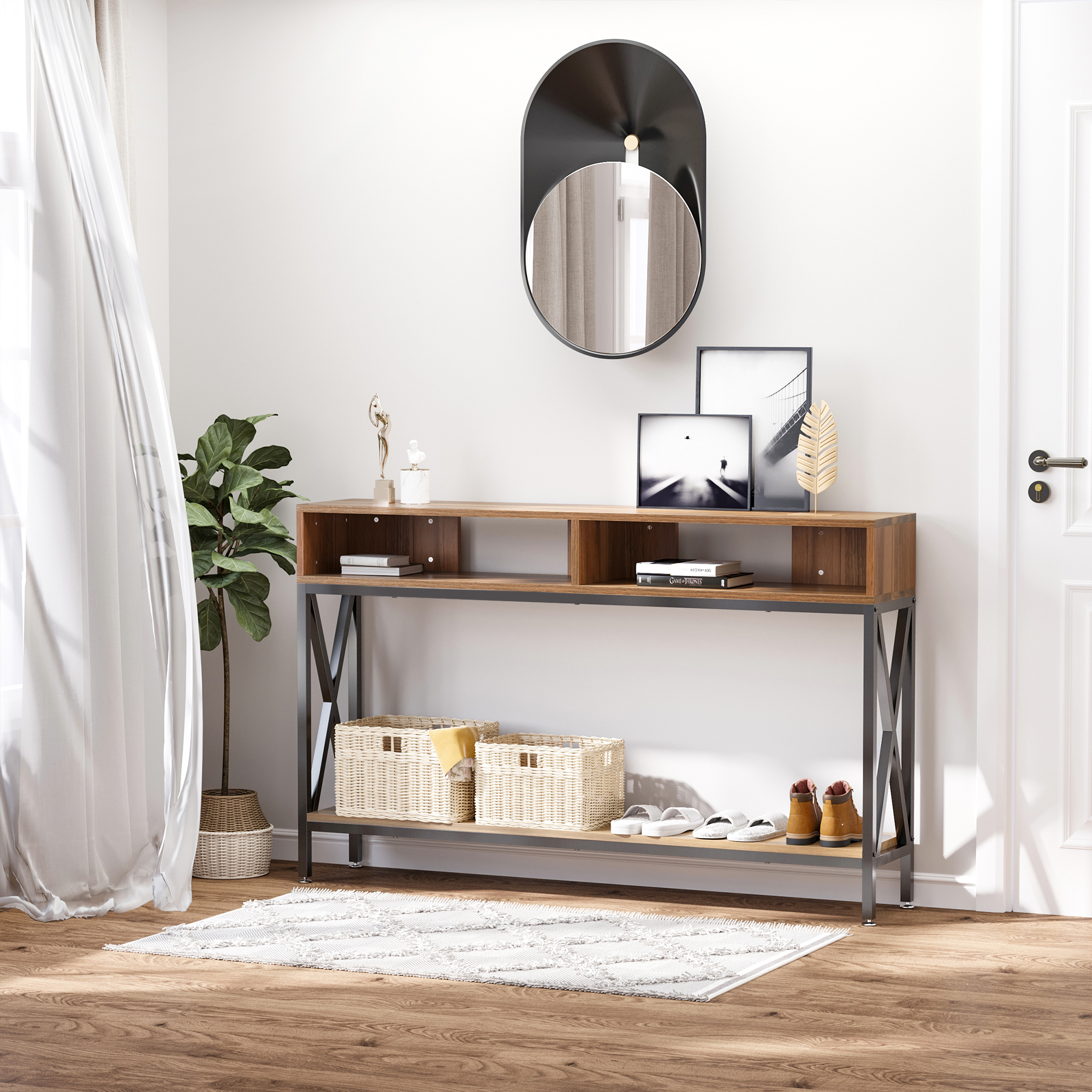HOMCOM Konsolentisch Eingang Industriedesign mit mehreren Ablagen 120 x 23,5 x 75 cm Nussbaum