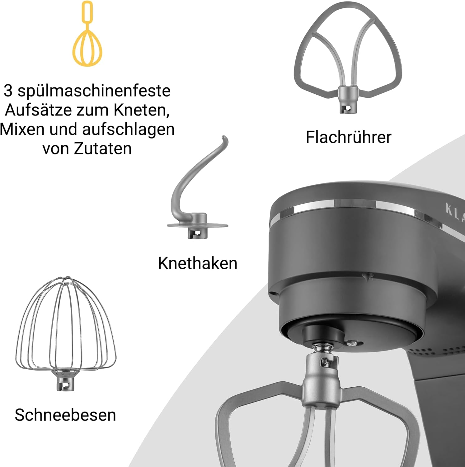 KLAMER Küchenmaschine 1800W, Knetmaschine Brotteig mit Edelstahl-Rührschüssel 6 L, 10 Stufen mit Timer, Planetenrührwerk, Rührbesen, Knethaken, Schneebesen & Sichtdeckel (schwarz)