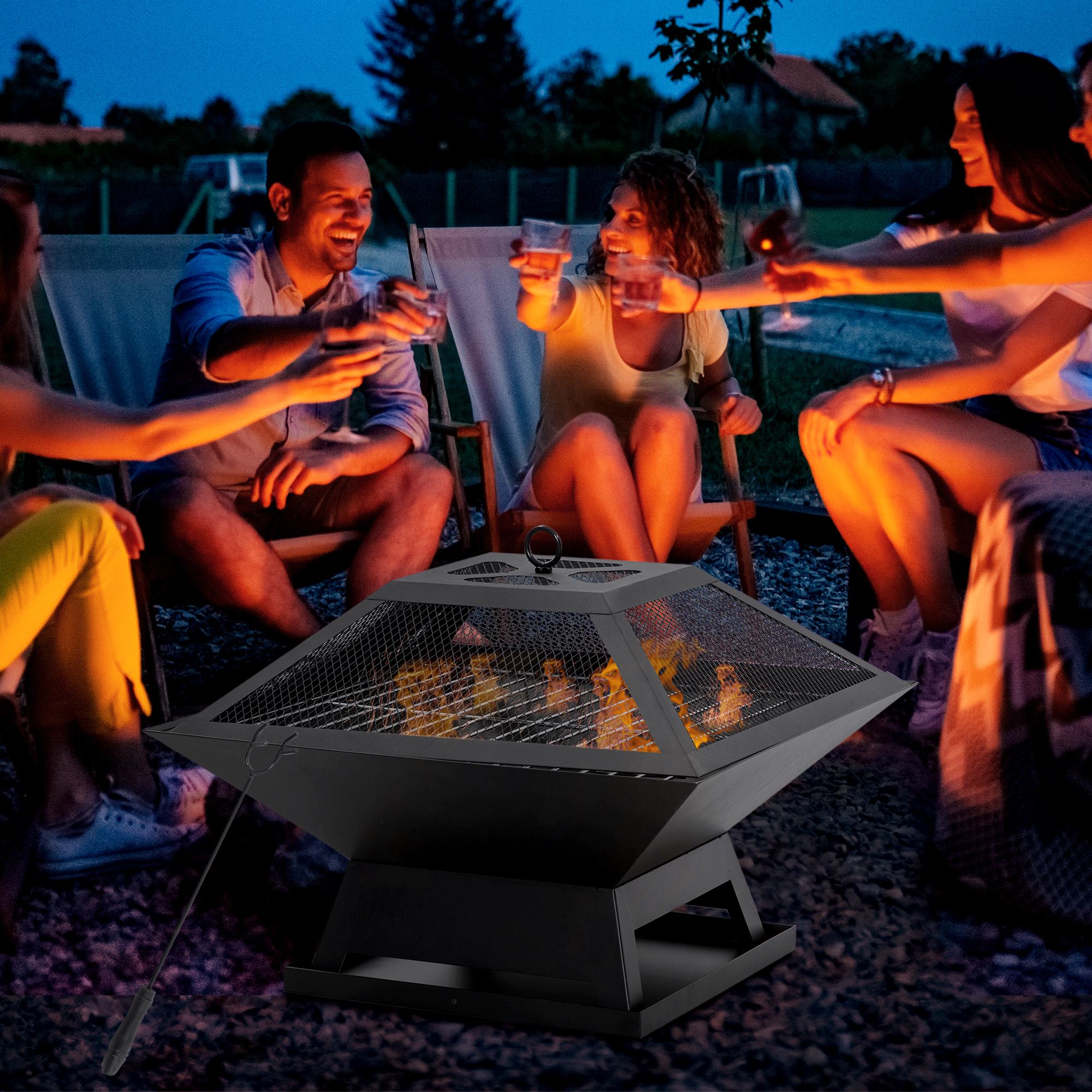 Outsunny Feuerschale 45 x 45 x 34cm aus Edelstahl Feuerstelle mit Funkenschutz Schürhaken Feuerschalen Feuerkorb für Garten, Balkon, BBQ Camping Schwarz