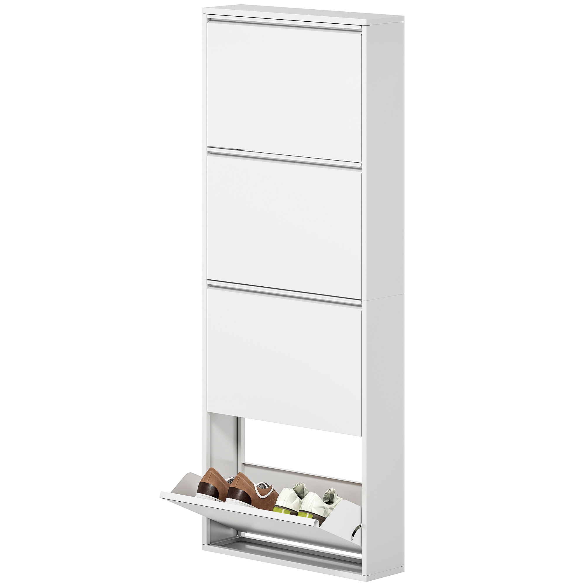 HOMCOM Smalle Metalen Schoenenkast voor Maximaal 8 Paar Schoenen, 4 Klaplades, voor Hal en Entree, Wit