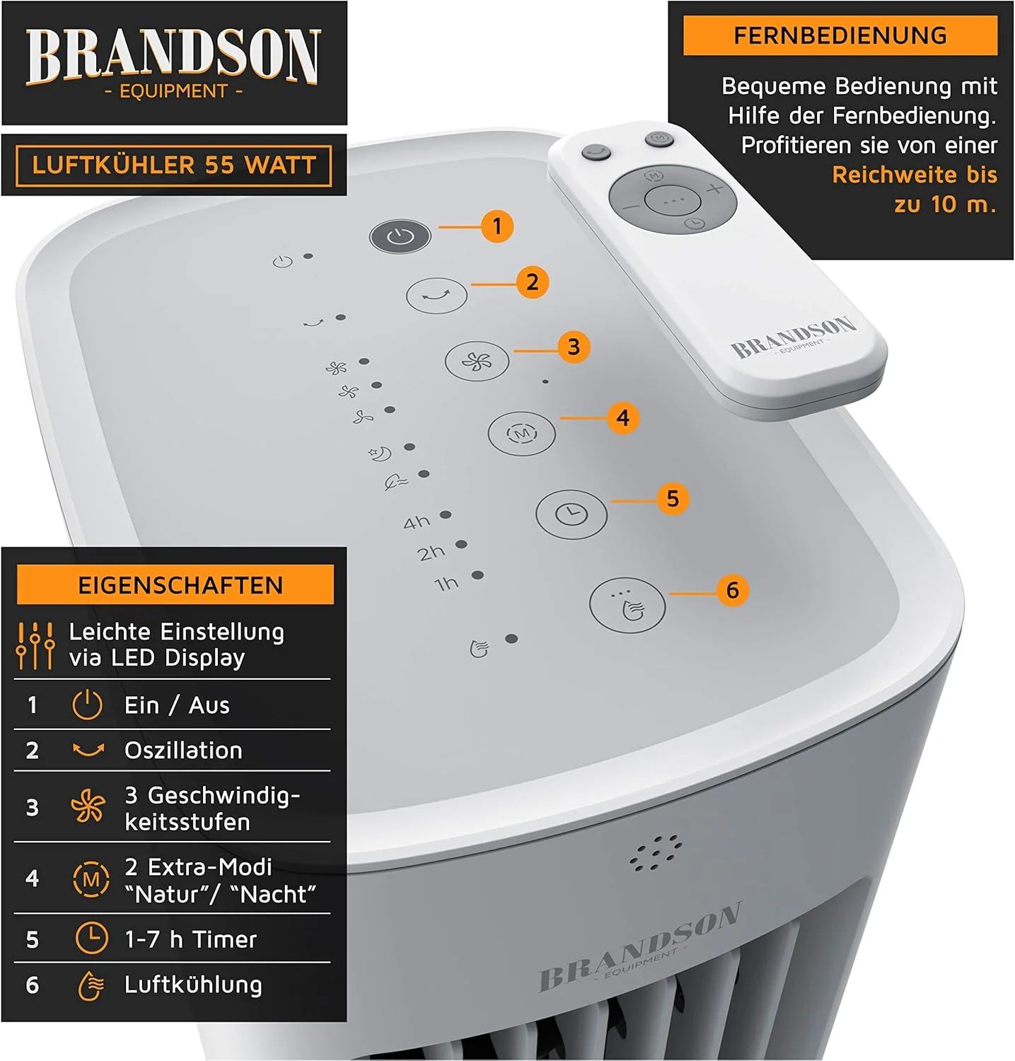 Brandson - Luchtkoeler met waterkoeling 5-in-1 - Verdampingskoeler, luchtbevochtiger, ventilator & luchtreiniger, mobiele airconditioning zonder afvoerslang - Prijswinnaar 2025 - stil - 5L watertank