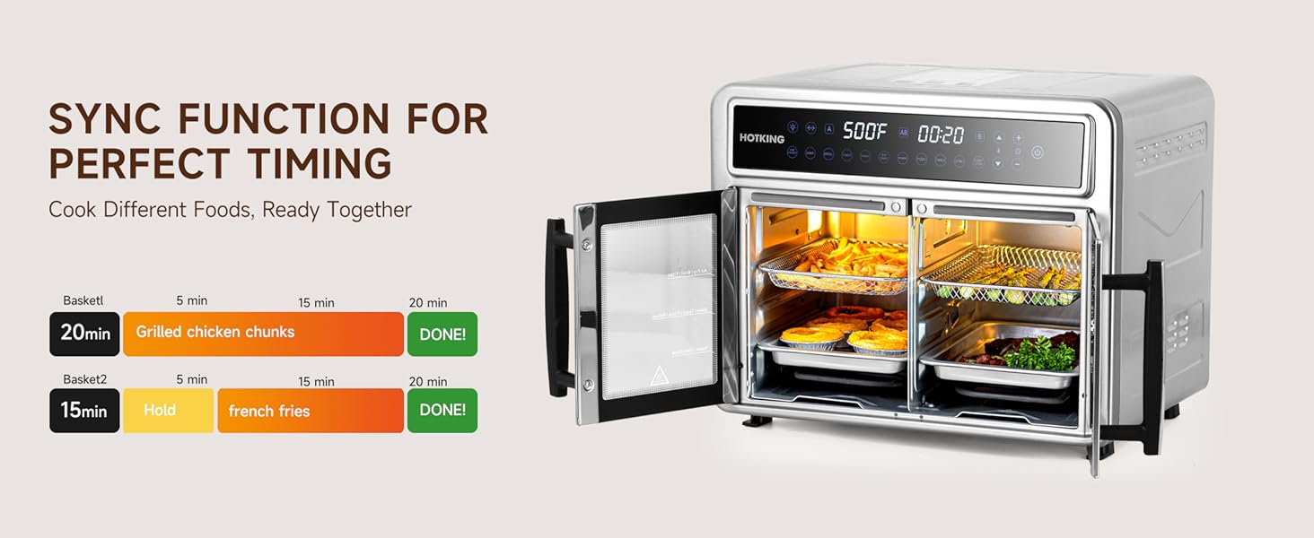 SYNC FUNCTION,Cook two different foods in separate zones and have them ready together, fresh and hot