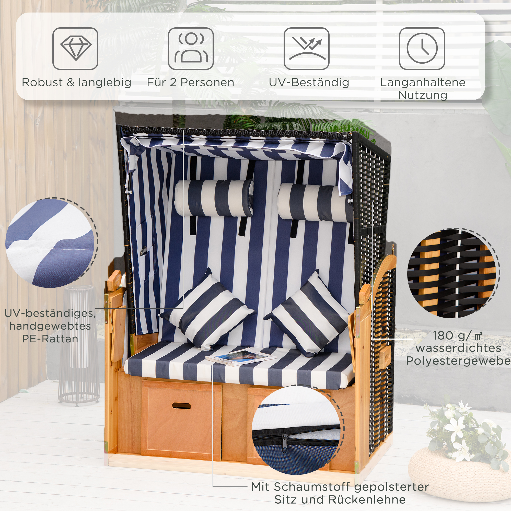 Outsunny strandstoel met dak rotan look klaptafel blauw 118 x 79 x 150 cm