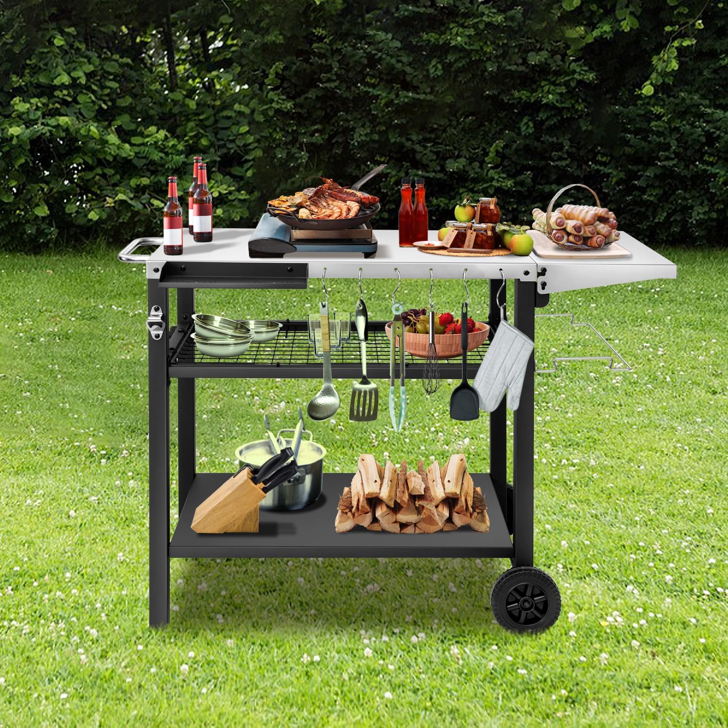 Outdoor Grill Cart Table Pizza Oven Stand, Stainless Steel Three Shelf Food Prep Table with Wheels