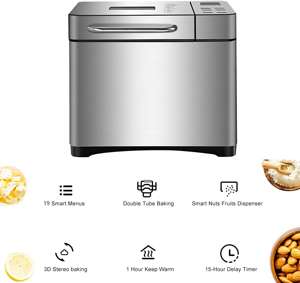 Macchina per il pane con timer e funzione automatica di mantenimento del calore, in acciaio inox, 19 programmi di cottura, 3 formati di pane e 3 colori per la preparazione di torte e marmellate