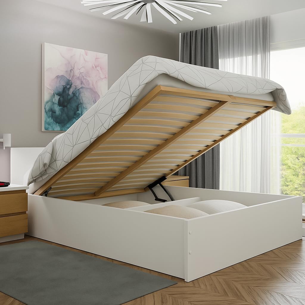 Doppelbett 180x200cm, Stauraumbett mit Bettkasten & Birkenholz Lattenrost, Robustes Bett mit Kopfteil, Bettgestell aus Schichtstoffplatte, ohne Matratze, Weiß