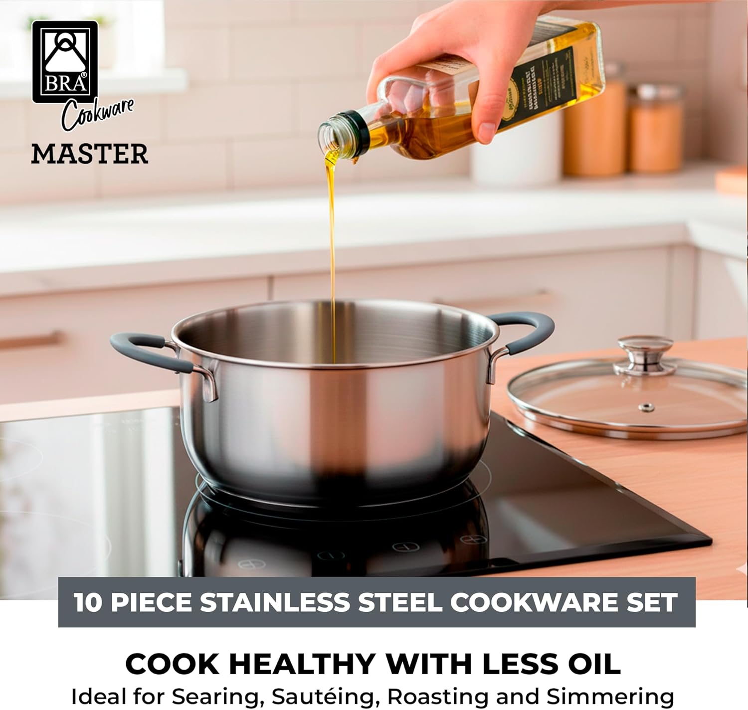 BRA COOKWARE Master 9-Piece Stainless Steel Cookware Set | Professional Pots & Pans Set w/ 2 Pots, 1 Sauté Pan, 3 Frying Pans, 3 Lids | All Stovetops | PFAS Free | Silicone Coated Handles