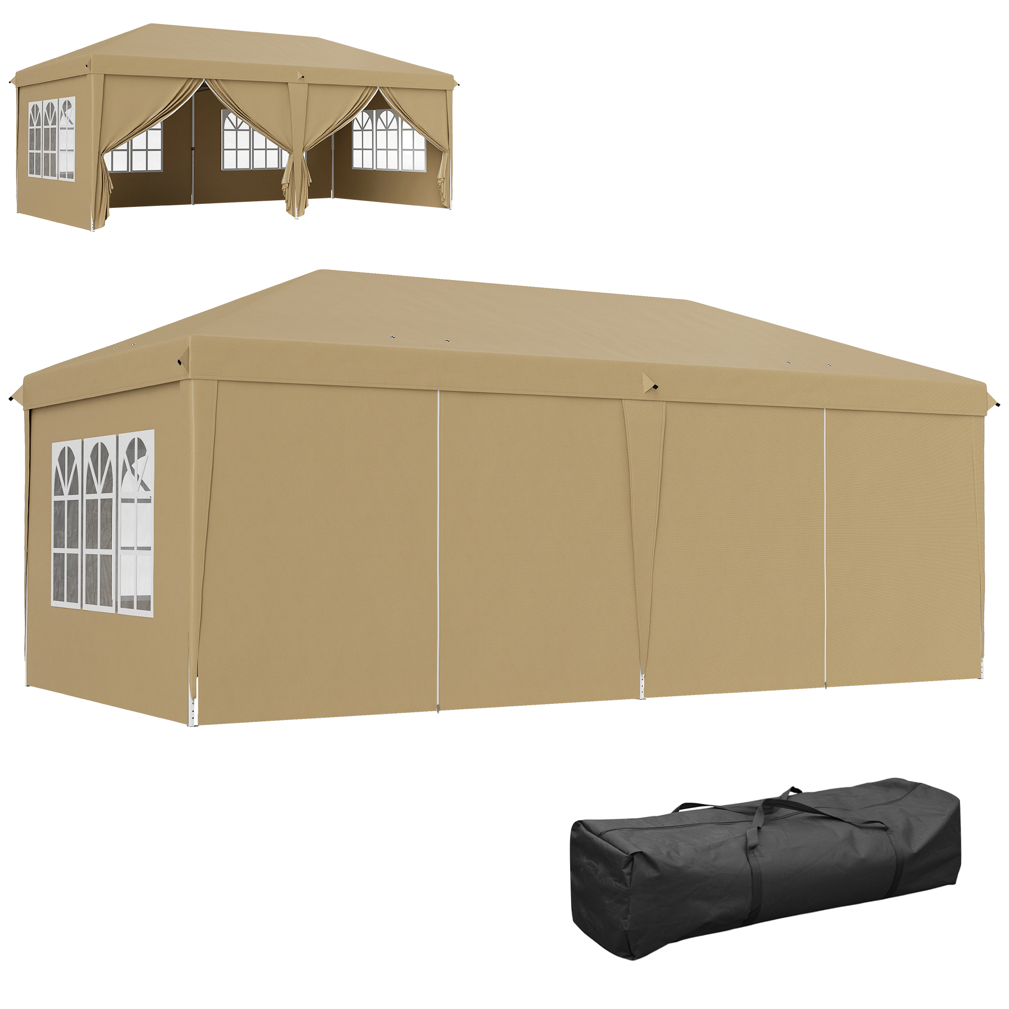 Outsunny Faltbarer wasserdichter Pop-up-Gartenpavillon 6 x 3 x 2,7 m mit 4 abnehmbaren Seitenwänden, 4 Fenstern und Transporttasche in Khaki