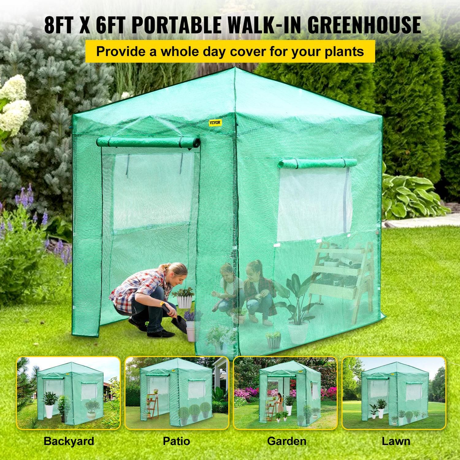 VEVOR 8x6ft Portable Pop up Walk in Greenhouse, Waterproof & UV Resistant, with Roll Up Door & Windows for Gardening