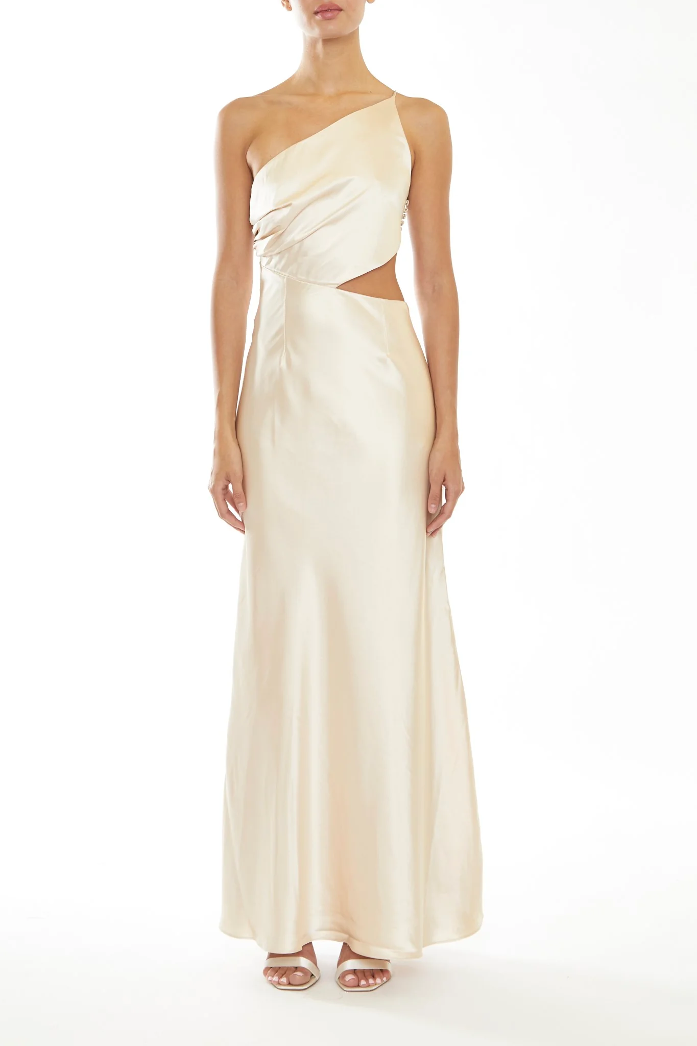 Elena Pale-Stone Asymmetric Cut-Out Satin Bridesmaid Maxi-Dress