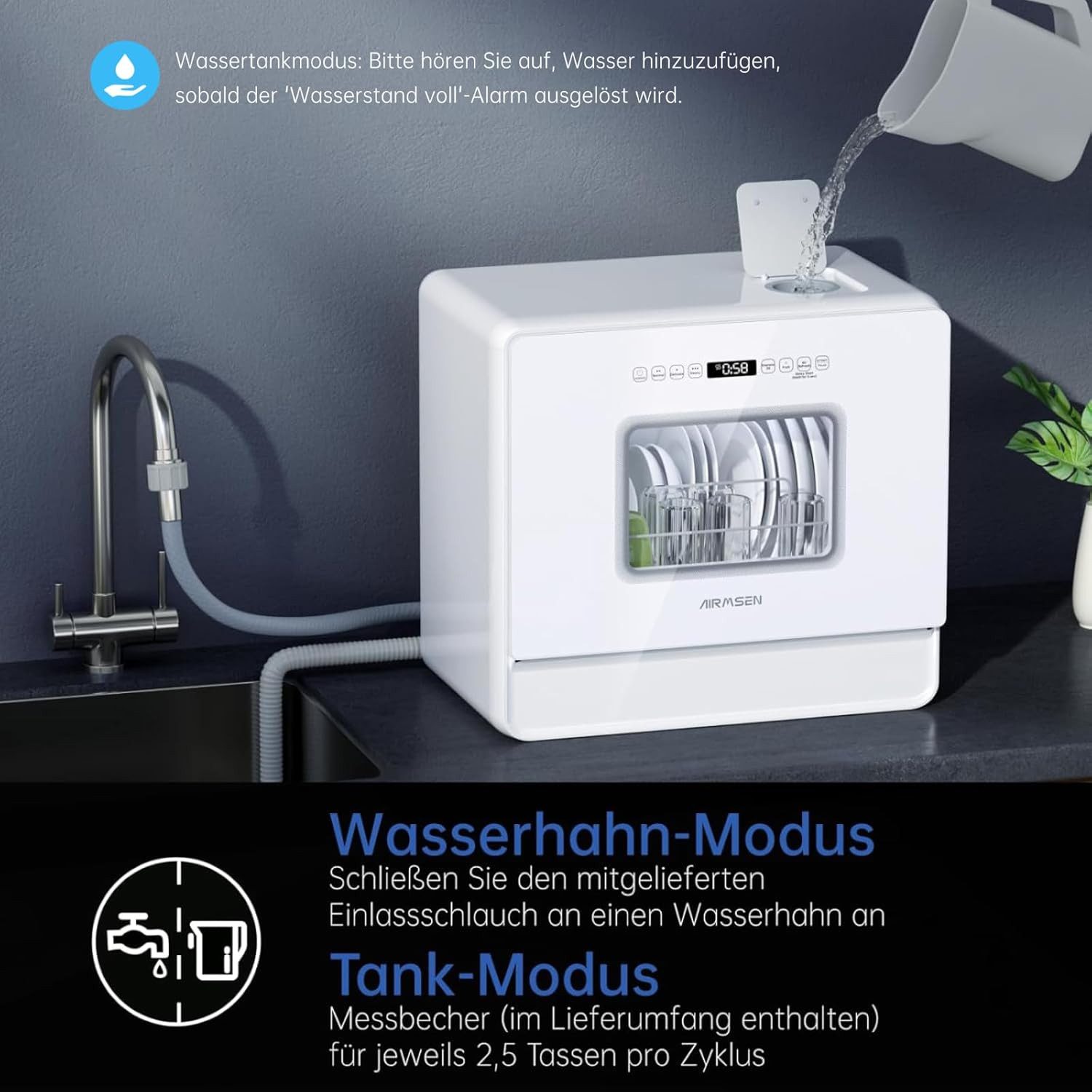 Tischgeschirrspüler ZMW-DTHA01 Mini Geschirrspüler,mit 7+2 Programmen, 36 * 55cm-Extraflach & Breitbau,Weichwasseranlage,12H Timer